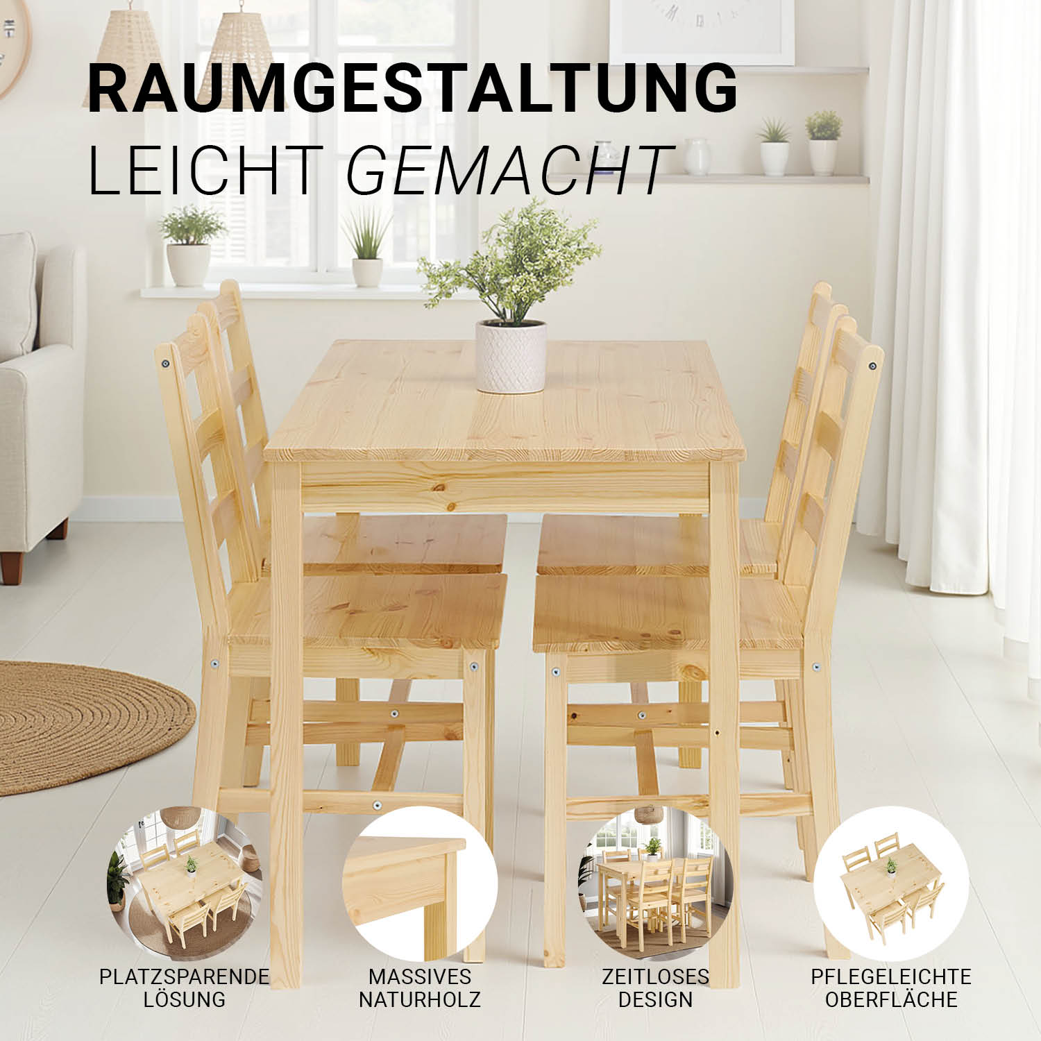 Dining set | 4-piece set chairs natural wood | country style | wooden dining table 108 x 65 cm Dining set | 4-piece set chairs natural wood | country style | wooden dining table 108 x 65 cm