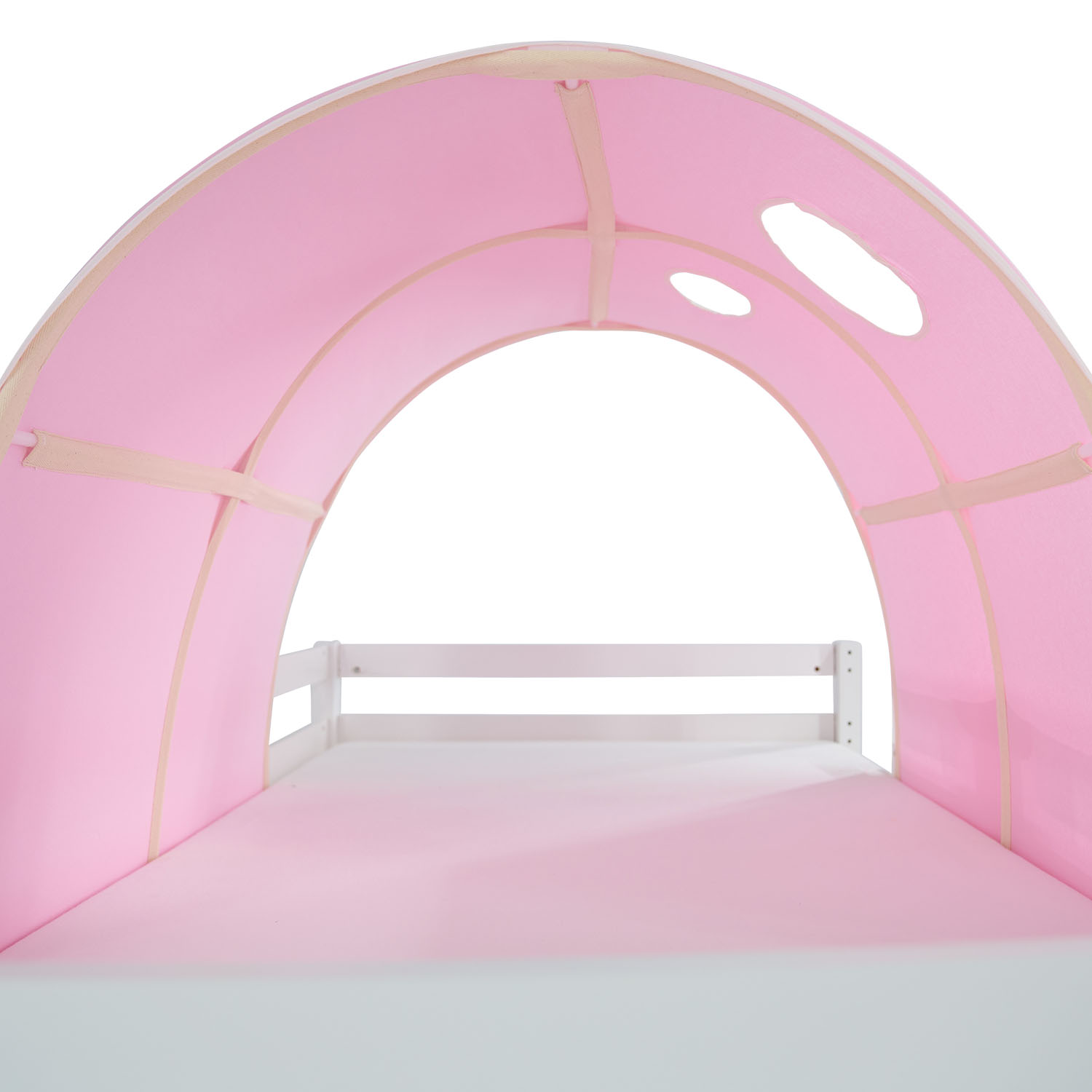 Children's Loft Bed 90x200 cm White with Pink Curtain | Slide | Tunnel | Includes Slatted Base | Includes Mattress