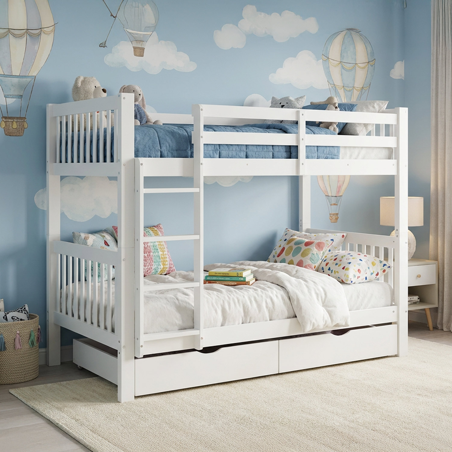 White Bunk Bed 90x200 cm | Children’s Bed with Mattress | with 2 Underbed Drawers | Slatted Base Included | Safety Guard | Convertible | Solid Wood