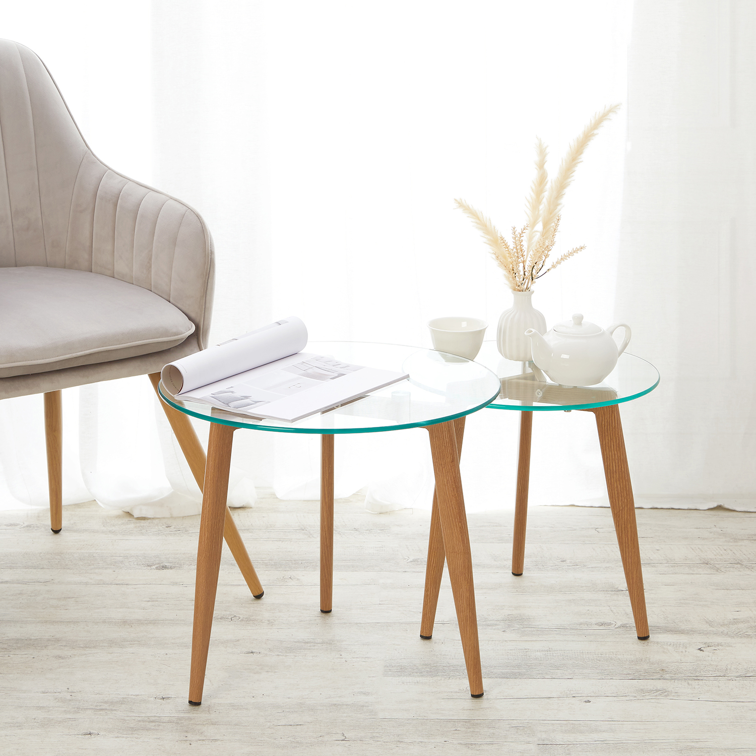 Round Coffee table Side table Set of 2 Living room tables Glass Cocktail table Small table