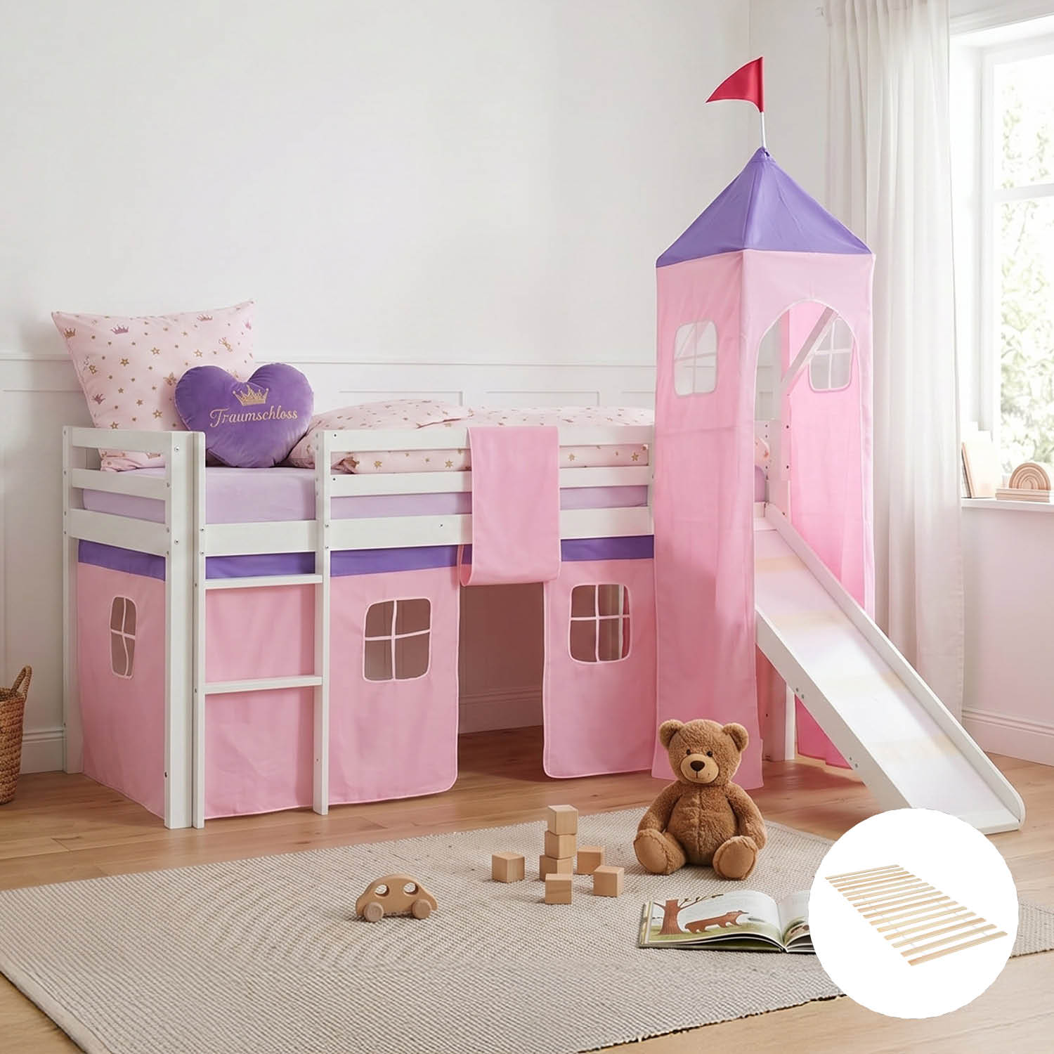 Children's Loft Bed 90x200 cm White with Pink Curtain | Tower | Slide | Includes Slatted Base
