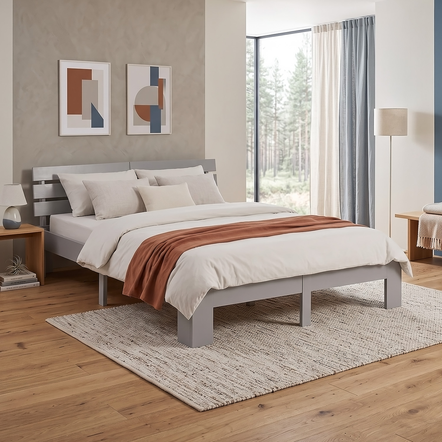 Wood Bed 140x200 cm Grey | Double Bed | with Spring Mattress | Solid | Youth Guest Bedroom