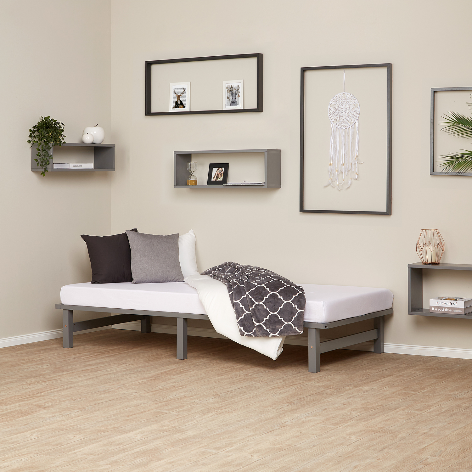 Pallet Bed 90x200 cm Gray | Single Bed | with Slatted Frame | Wood | Kids Youth Guest Bedroom