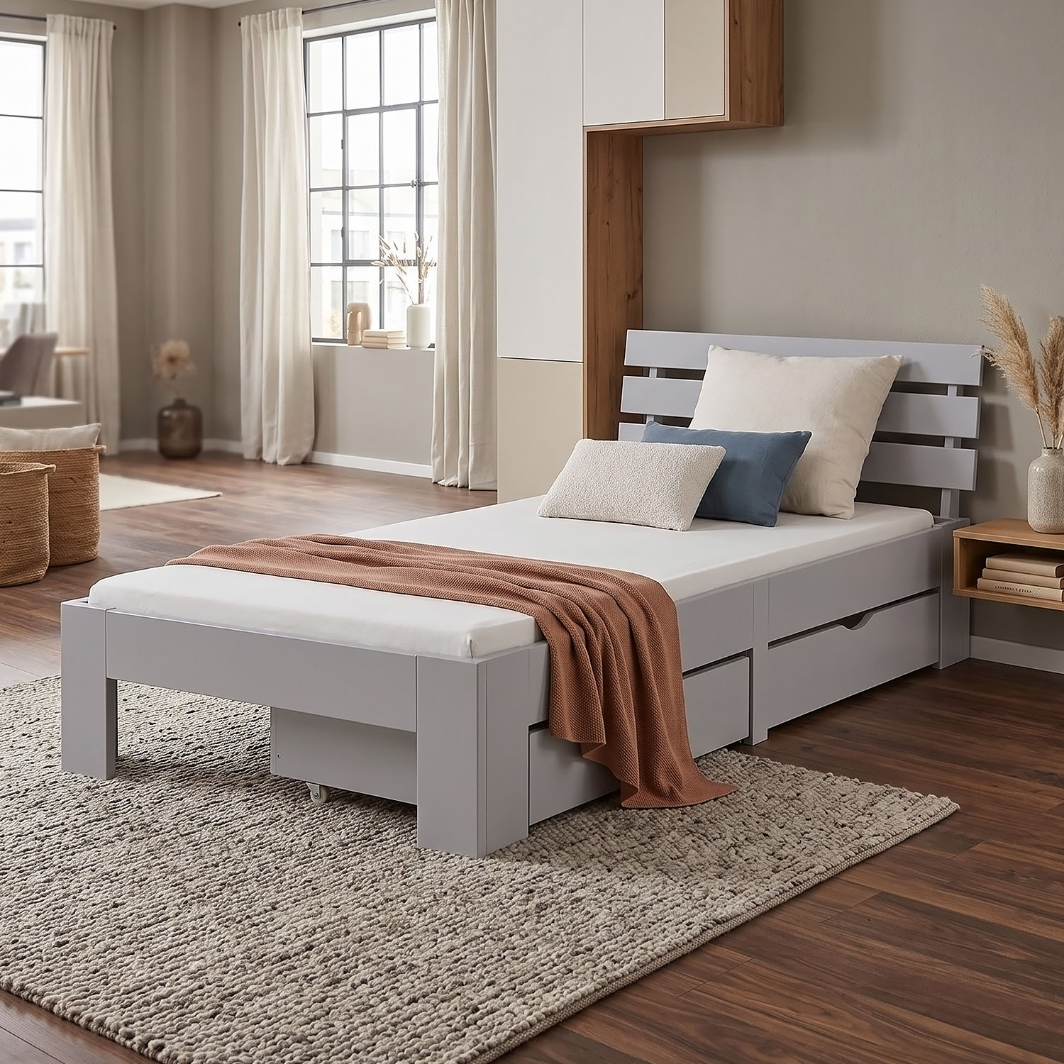 Wooden Bed 90x200 cm Gray | Single Bed with Storage | With Slatted Base | Solid Wood | Children's, Teen, or Guest Bedroom