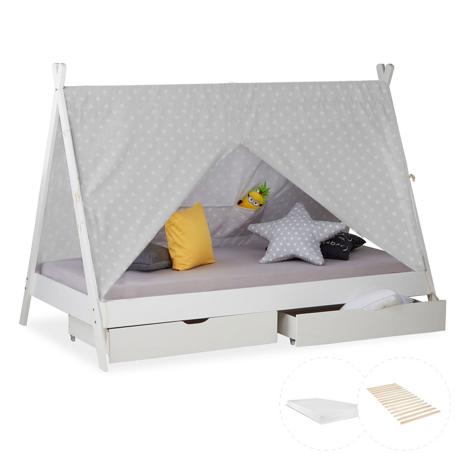 Children's Bed with Mattress TIPI 90x200 Youth Bed White Grey Wooden Bed Kids Room Fabric Bed Drawer