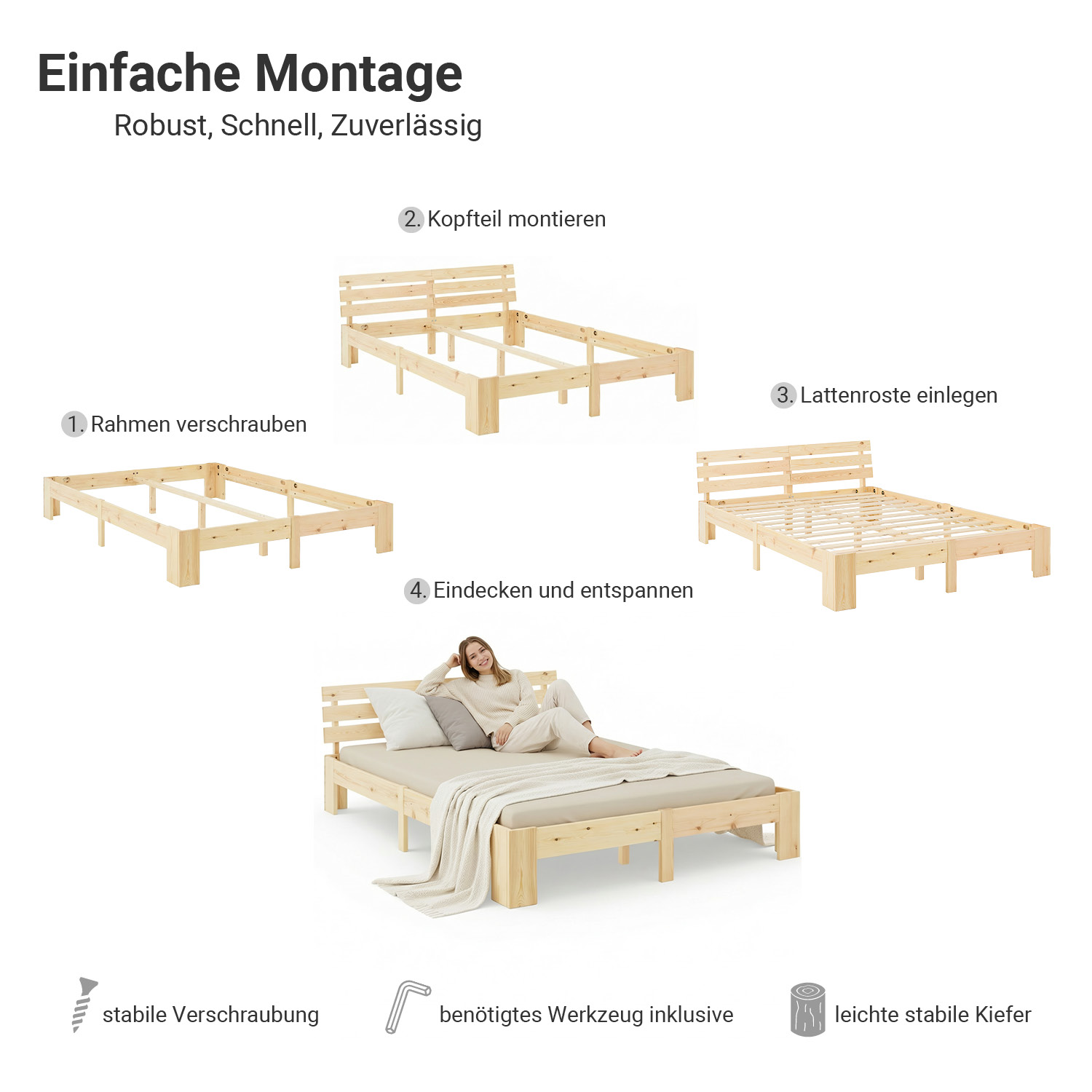 Wood Bed 140x200 cm Natural | Double Bed | with Spring Mattress | Solid | Youth Guest Bedroom