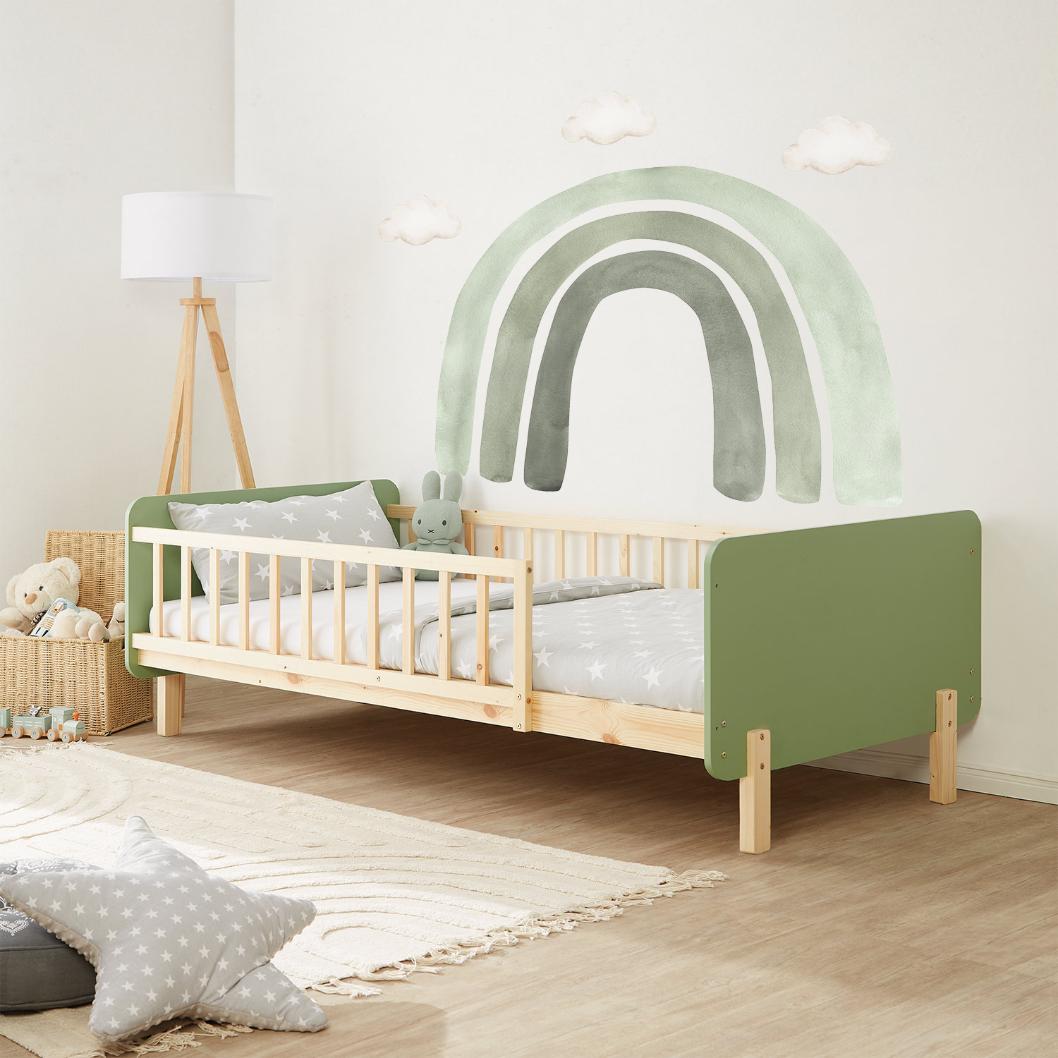 Children's Bed 90x200 cm Green Natural | Retro Bed with Fall Protection | Single Bed | with Slatted Frame | Wood