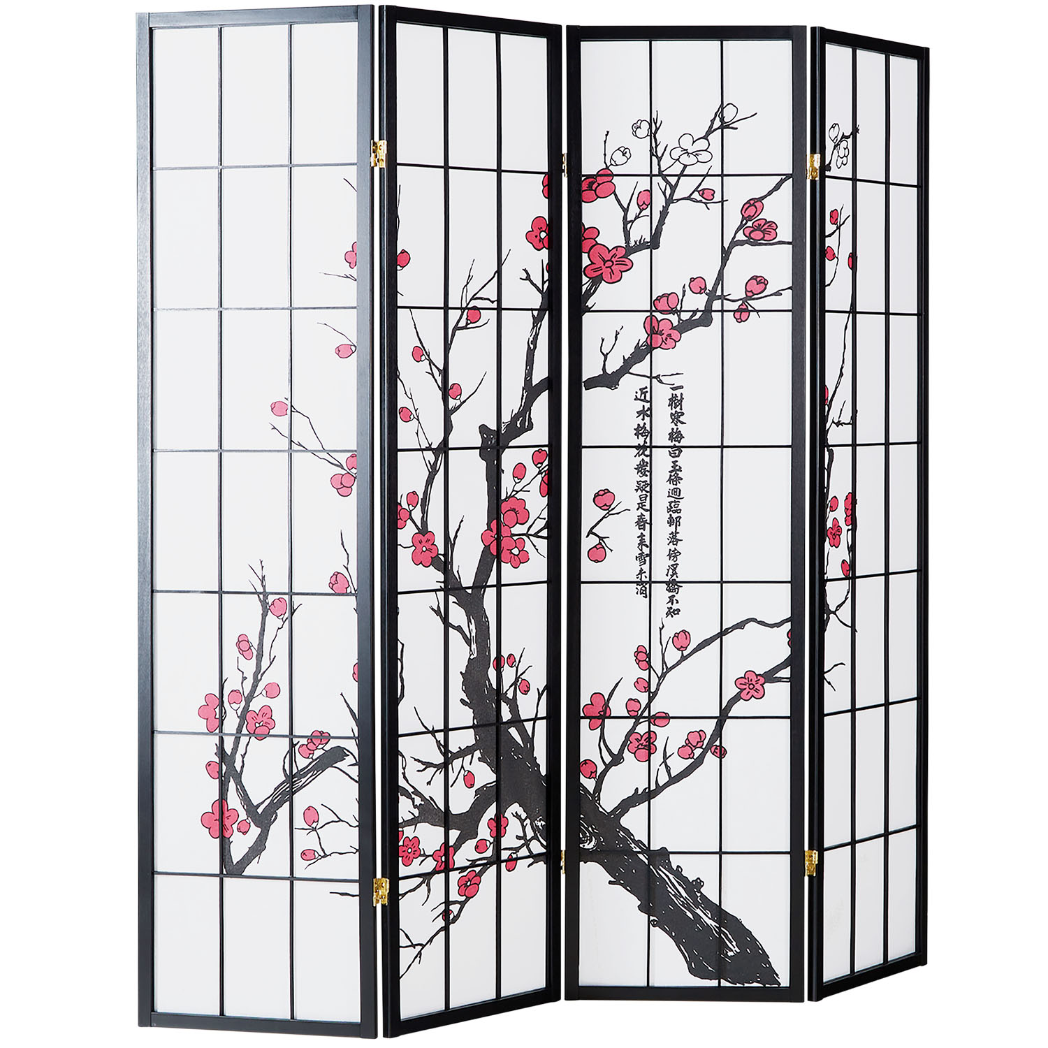 Paravent Black Cherry Pattern | Rice Paper White | 4-panel | Wood | Room Divider Partition Privacy Screen