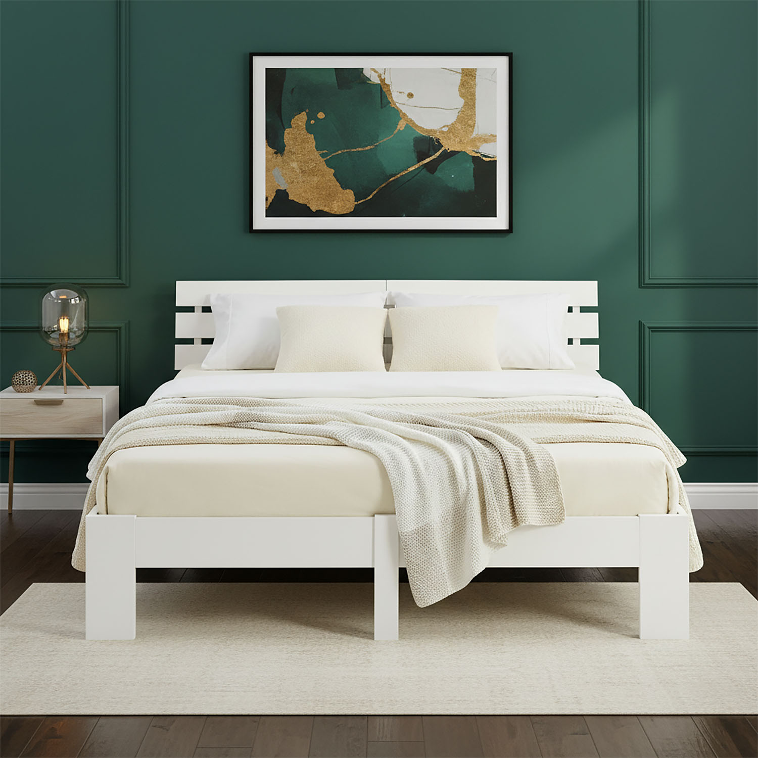 White Wooden Bed 160x200 cm – Solid Wood Double Bed with Slatted Base in a Modern Scandinavian Design