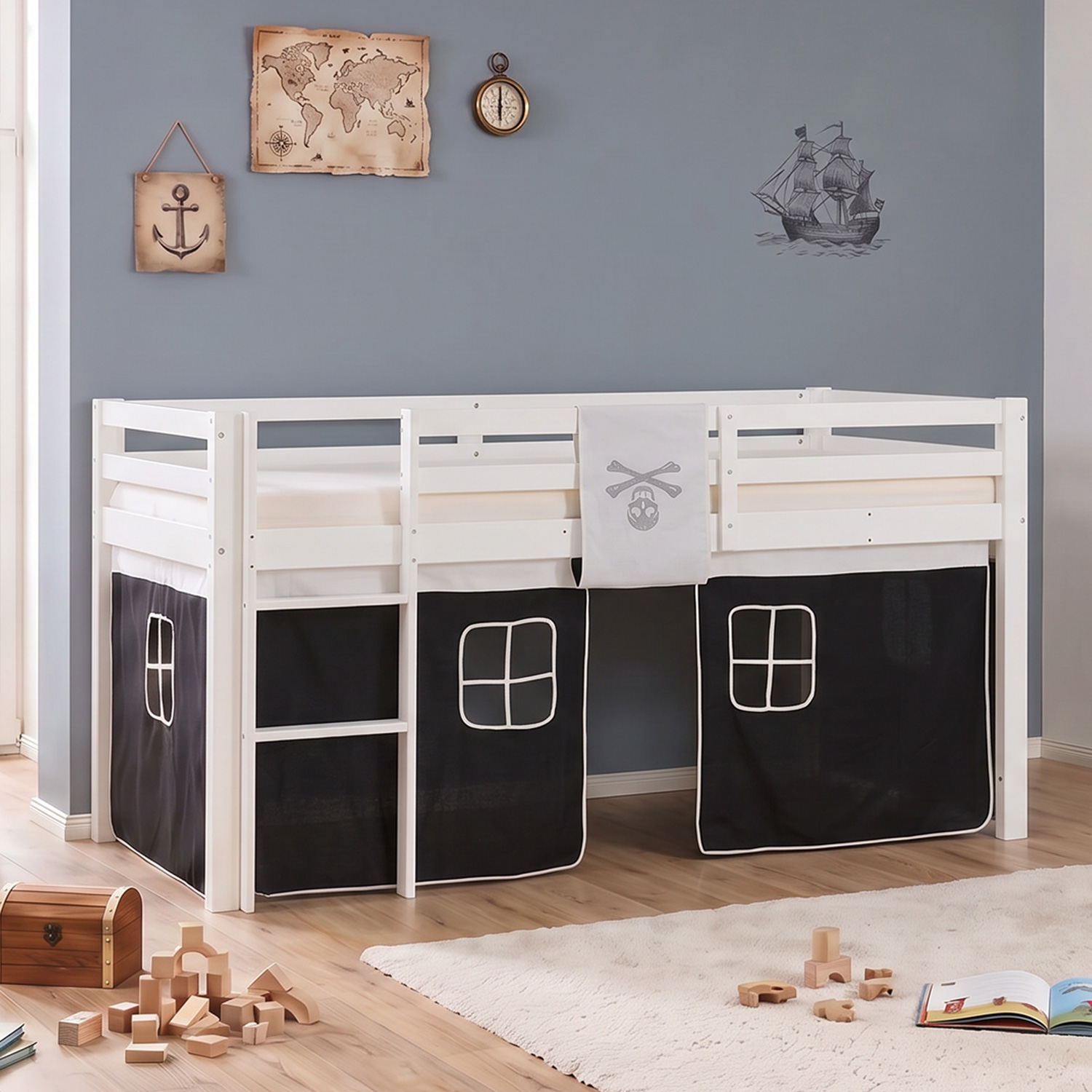 Children's Loft Bed 90x200 cm White with Black Curtain | Without Slatted Base | Pirate | Bed for Boys