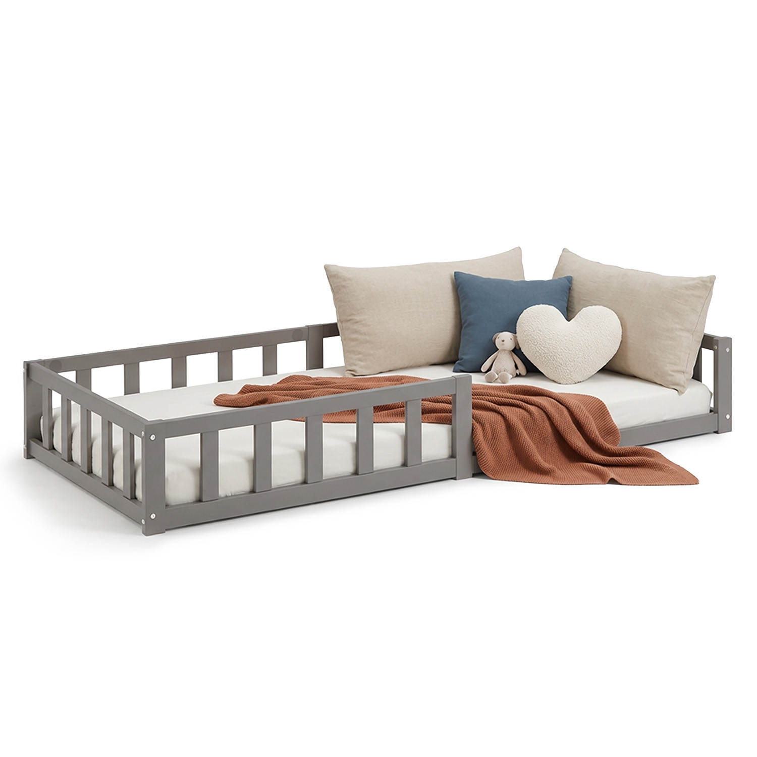 Children's Bed 90x200 Grey | Floor Bed with Mattress & Slatted Frame | with Fall Protection | Montessori