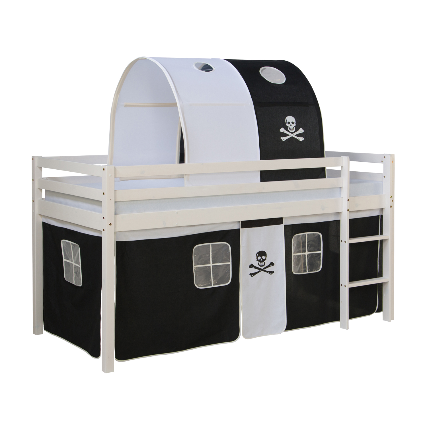 Loftbed 90x200 cm with Mattress Bunk bed Childrens bed Solid Pine Wood Slats Tunnel Curtain Black Pirate