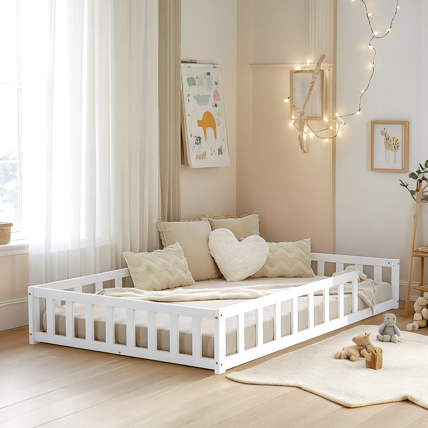 Toddler Floorbed 90x200 or 120x200 cm Montessori Bed with Barriers White Natural Wooden Infant Floor Bed Children's Bed Massif Kids Bed Single Bed Mattress