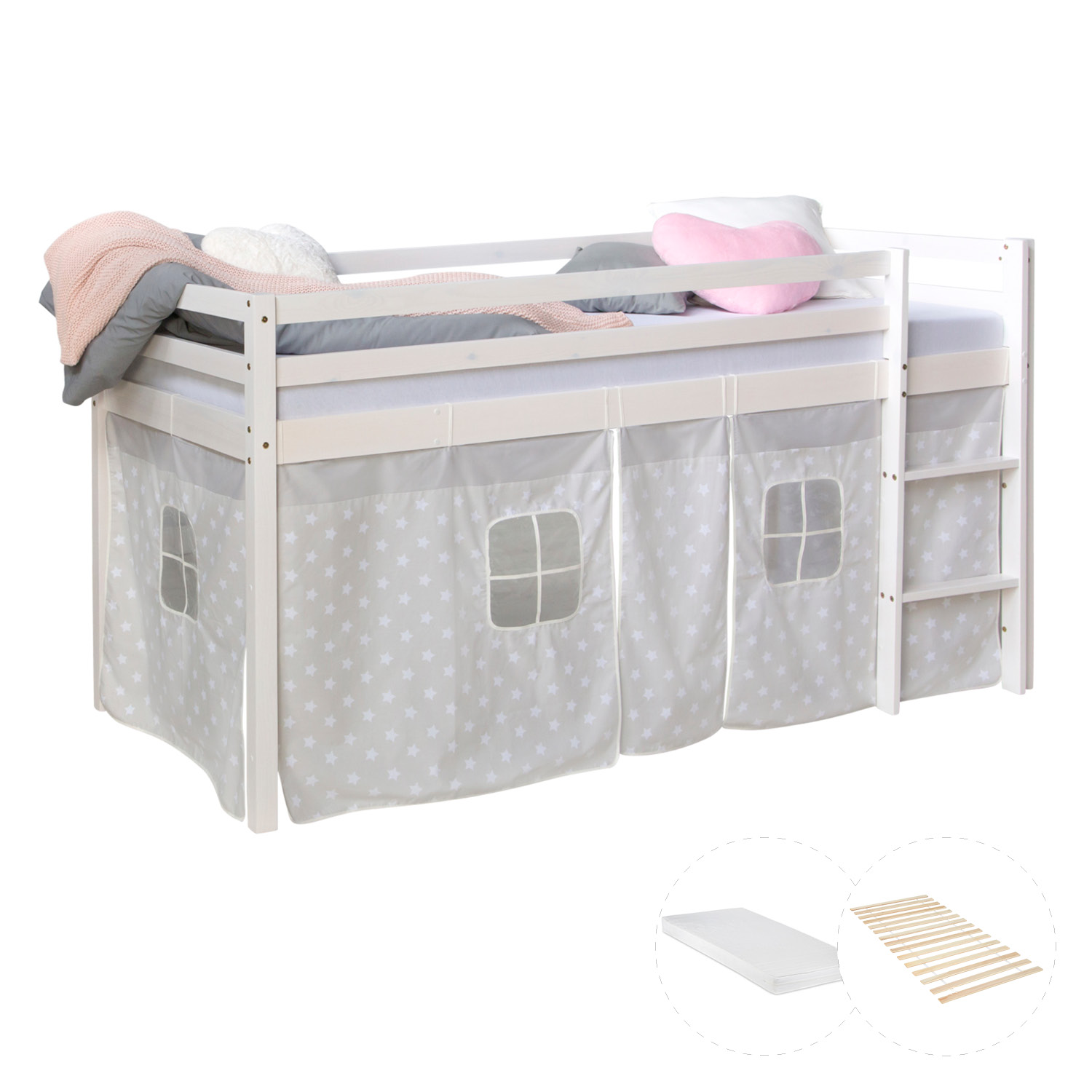 Loftbed 90x200 cm with Mattress Bunk bed Childrens bed Solid Pine Wood Curtain Grey Stars Slats
