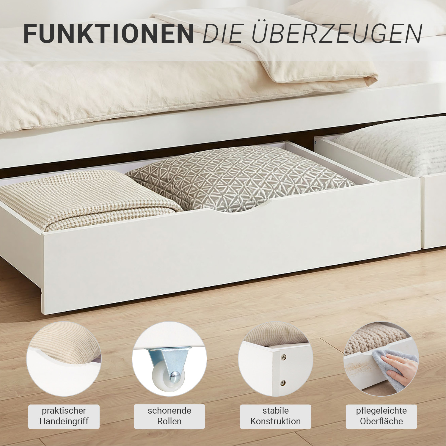 Set of 2 White Underbed Drawers on Wheels – Wooden Storage Solution