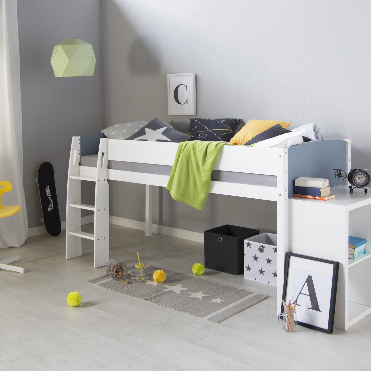Loft Bed Kids 90x200 cm White | Modern Ladder | without Slatted Frame