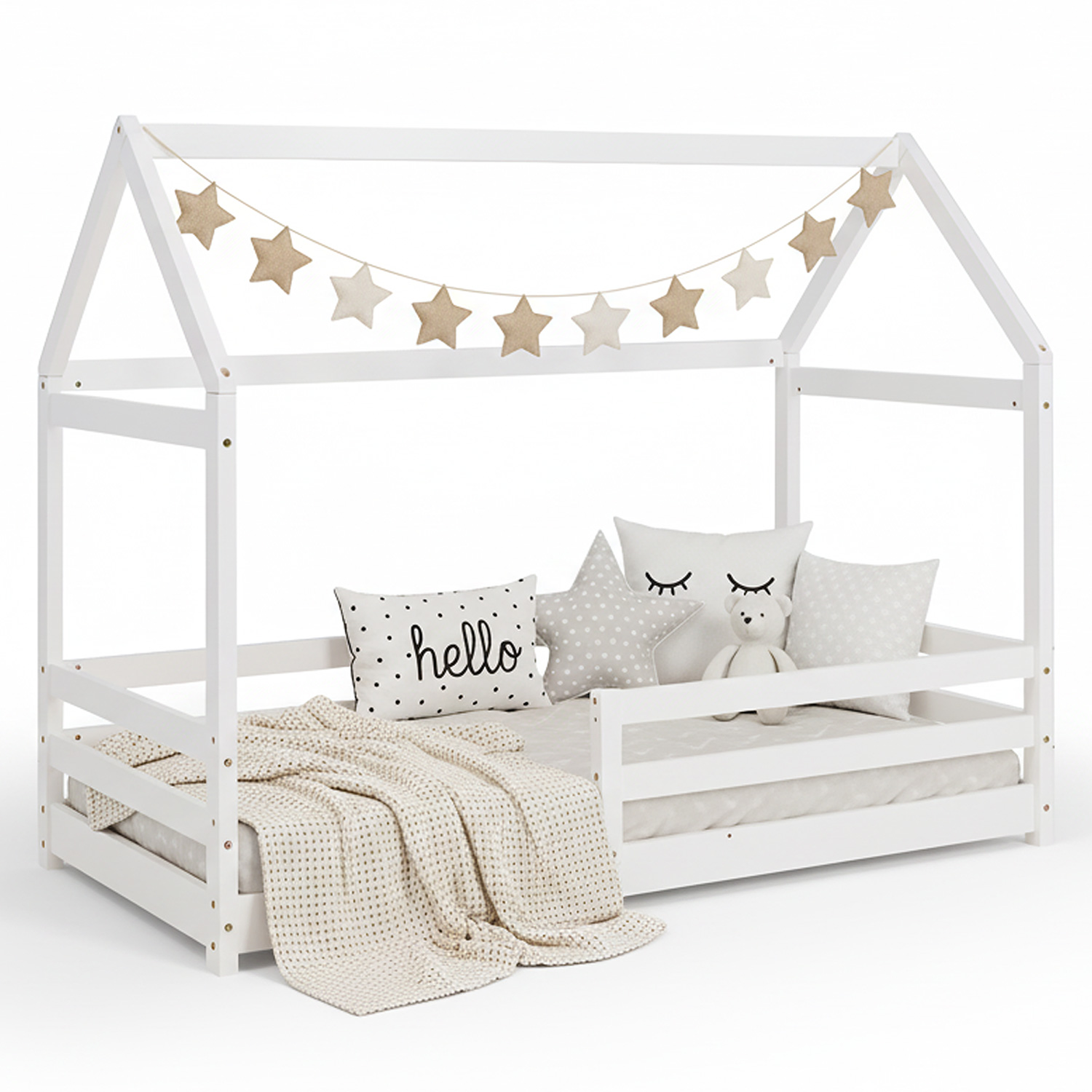 Children's Bed 80x160 cm White | House Bed with Fall Protection | Montessori | Single Bed | with Slatted Frame | Wood