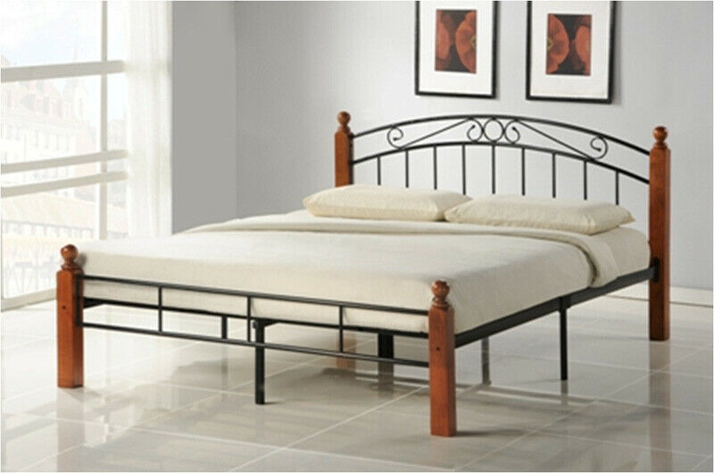 Design Iron Bed Double 180 x 200Wood Slatted black brown bed frame 916