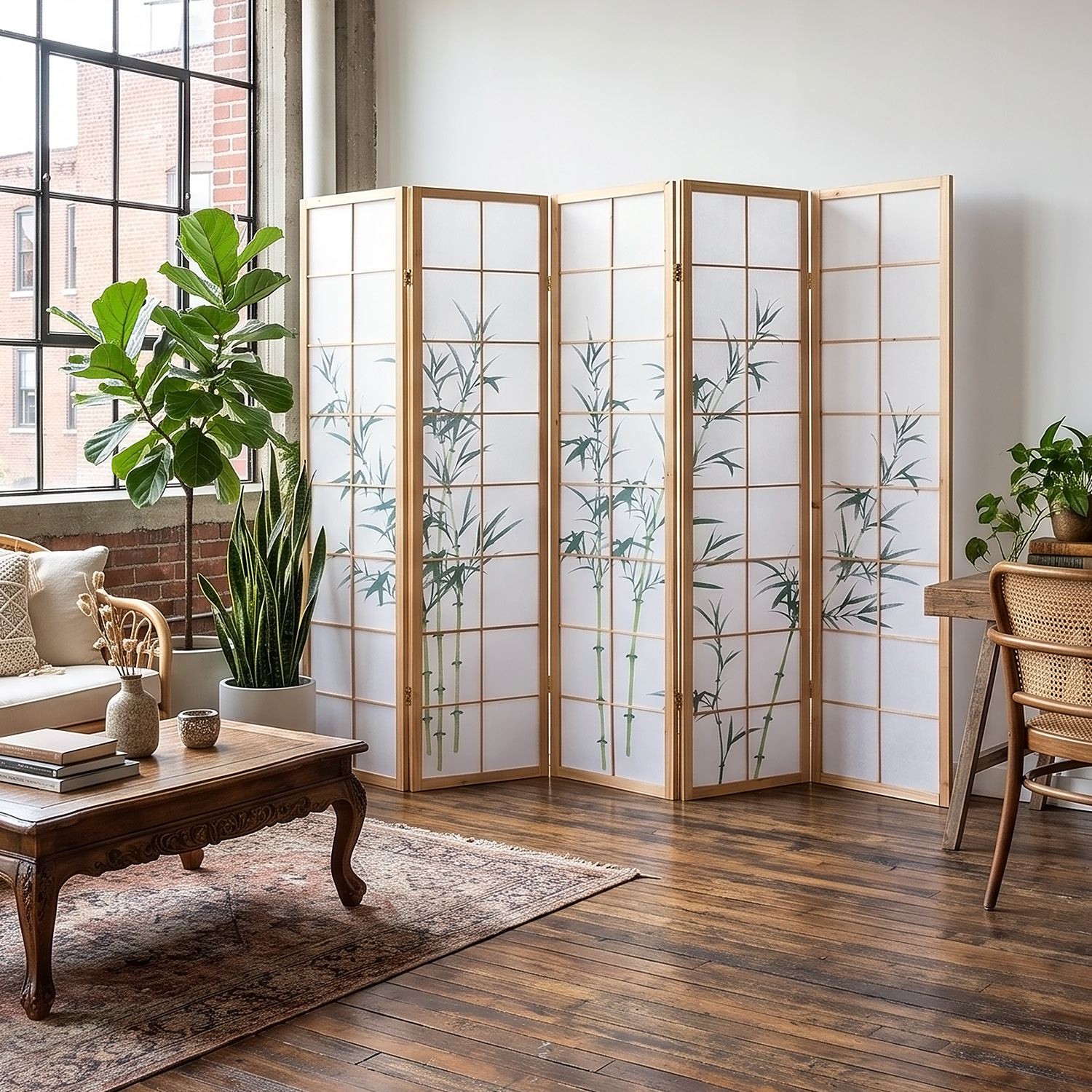 5-panel "Nature" folding screen with bamboo motif – Japanese room divider & privacy screen
