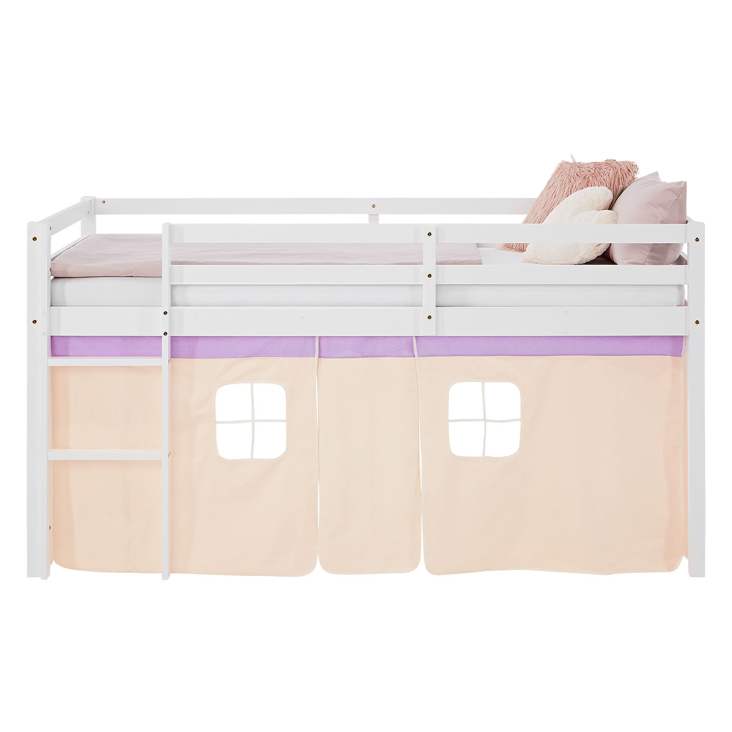 Children's Loft Bed, 90x200 cm, White with Purple-Beige Curtain | Without Slatted Base