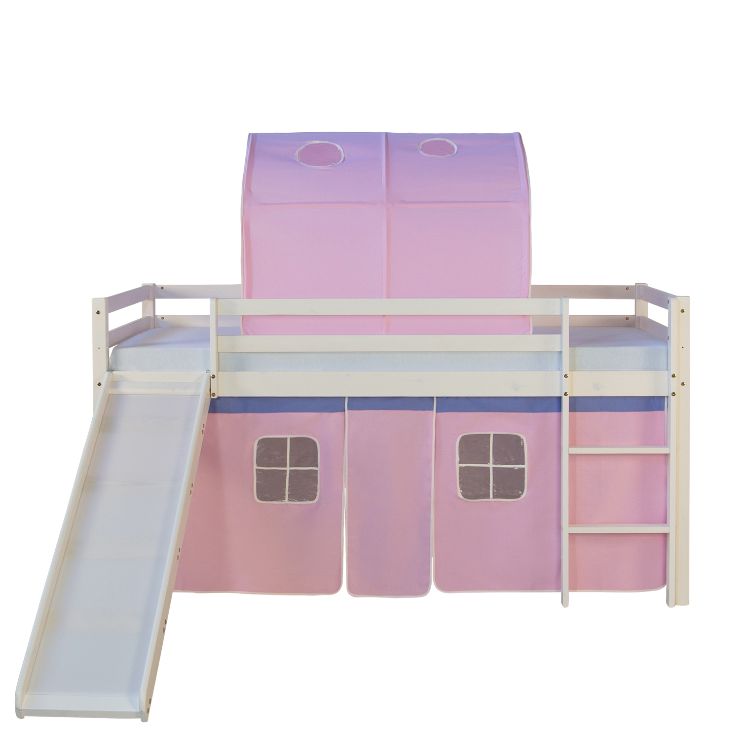 Loft Bed Kids 90x200 cm White with Curtain in Pink | Tunnel | Slide | with Slatted Frame