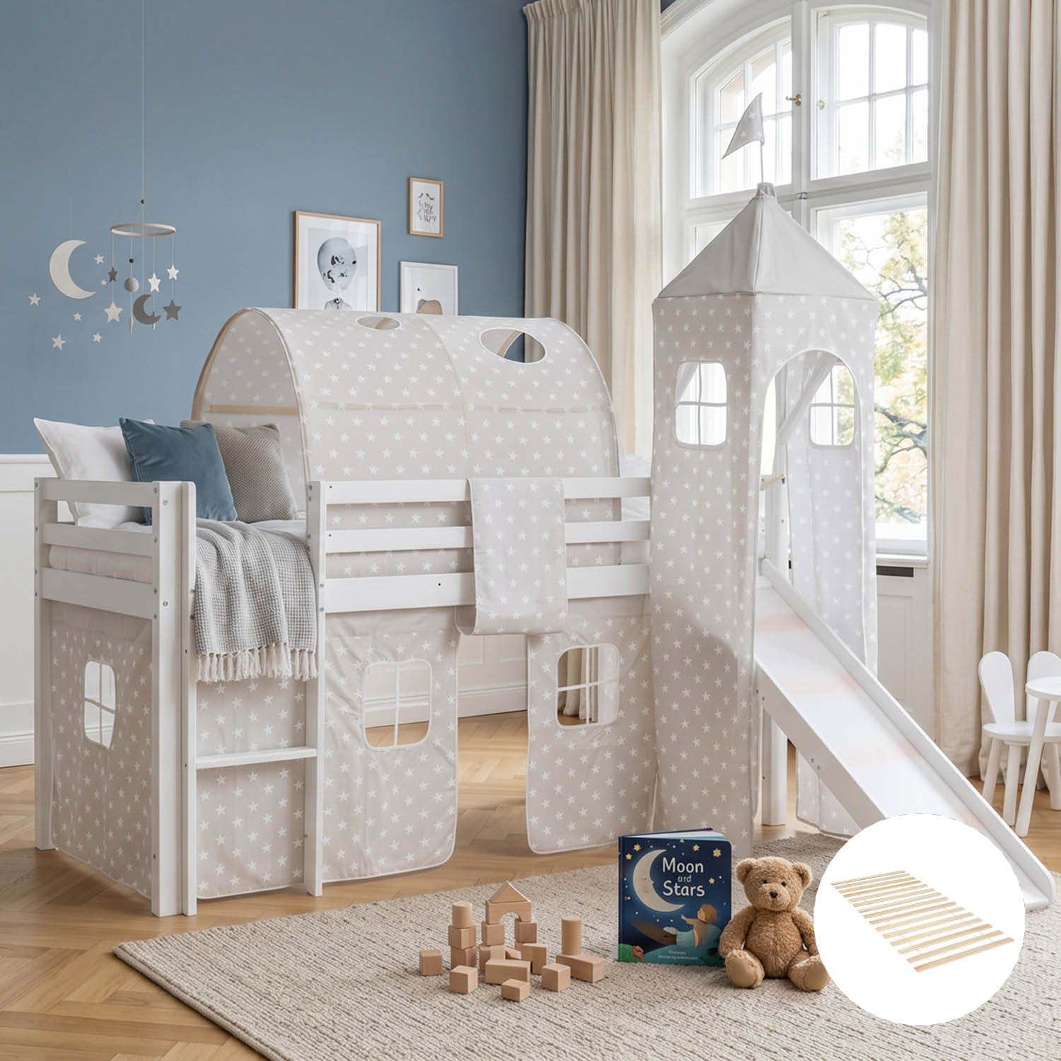 Children's Loft Bed 90x200 cm White with Star Curtain | Tunnel | Tower | Slide | with Slatted Base
