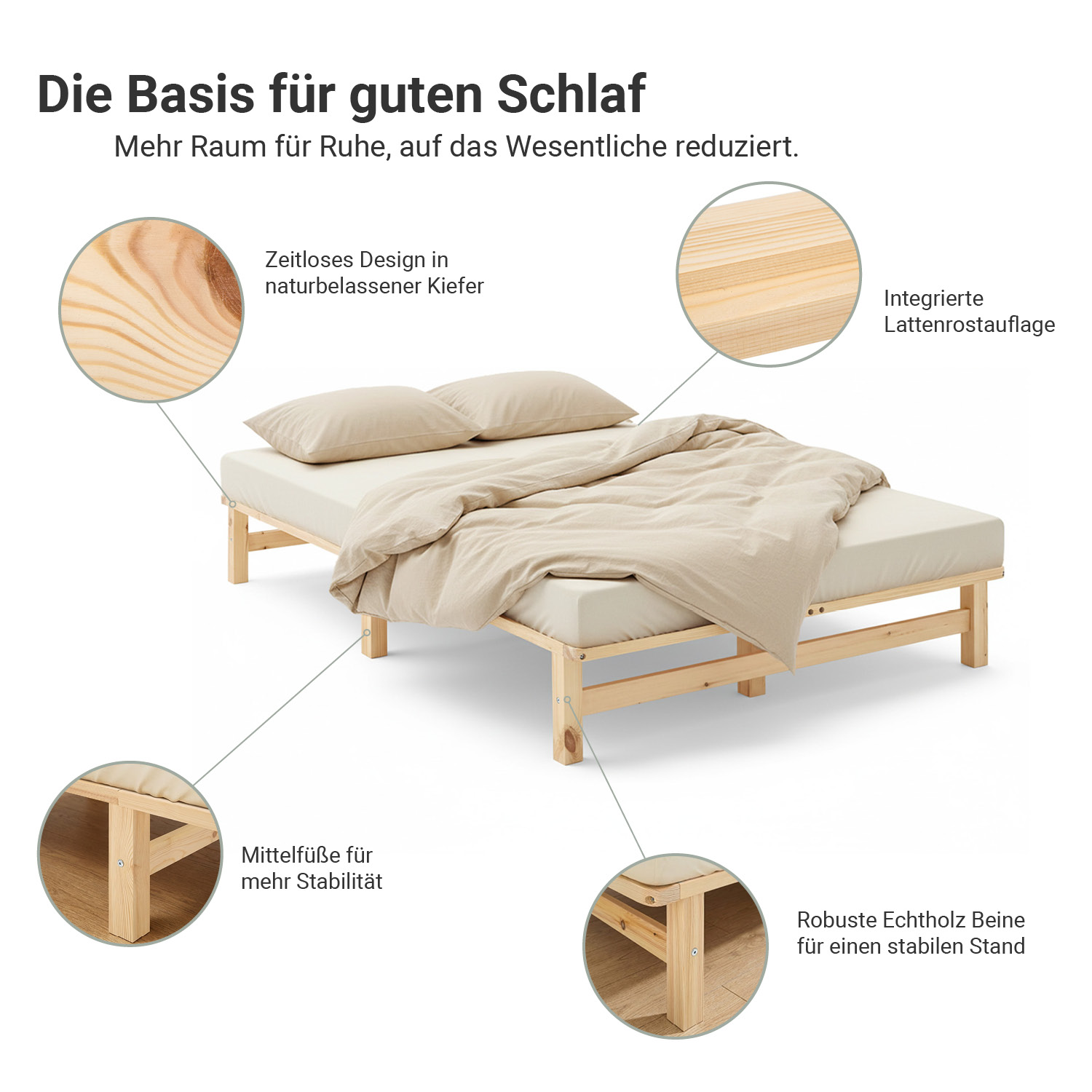 120x200 cm Natural Pallet Bed – Wooden Double Bed with Mattress & Slatted Base for Teen Rooms, Guest Rooms, and Bedrooms