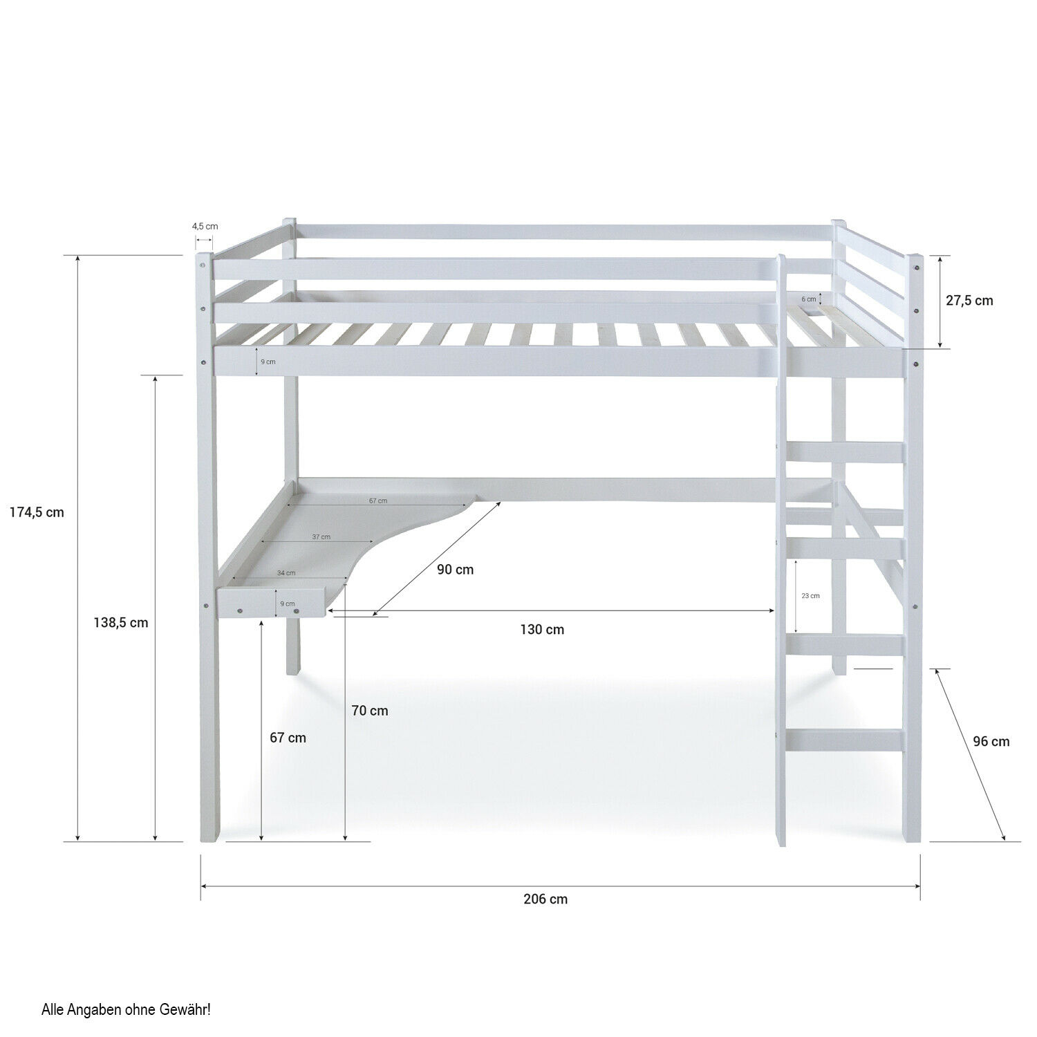 Child bunk bed youth bed white with desk & ladder 90 x 200 cm