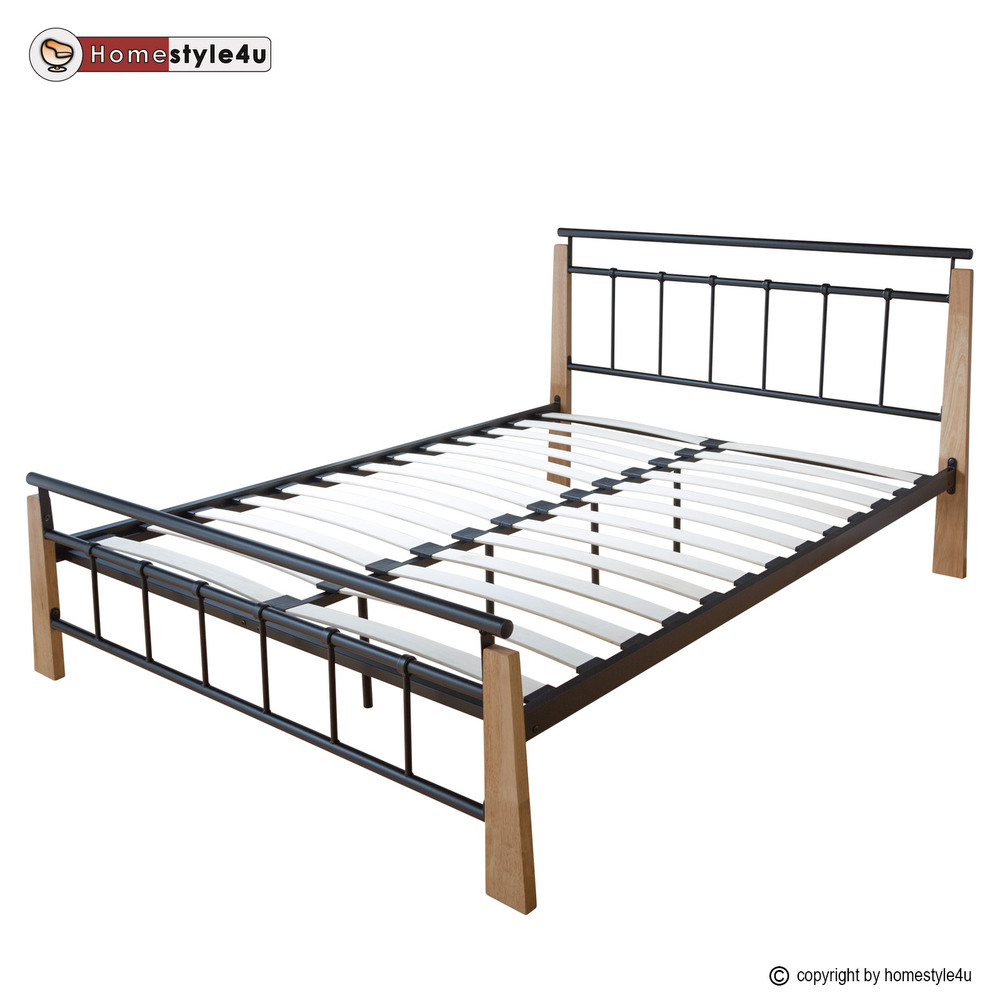 Metal Bed Iron Bed Double 160 x 200 Wood Slatted black natural bed frame 5072