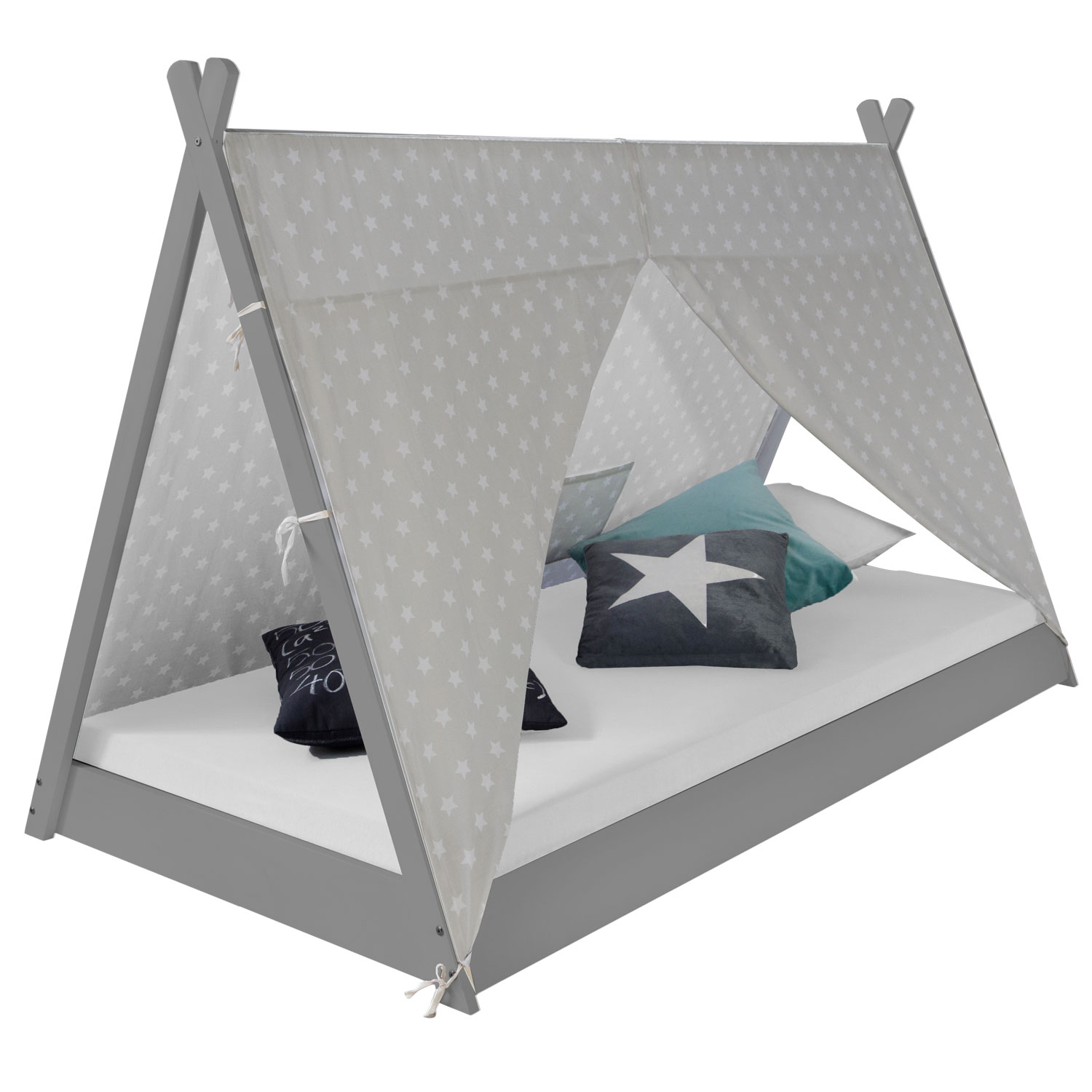 Children's Bed with Mattress TIPI 90x200 Youth Bed White Grey Wooden Bed Kids Room Fabric Bed Drawer