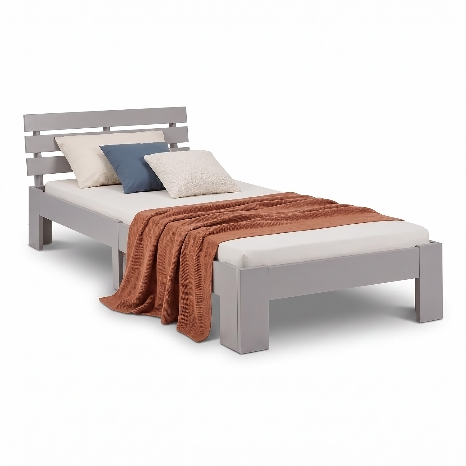 Wood Bed 90x200 cm Grey | Single Bed | with Mattress | Solid | Kids Youth Guest Bedroom