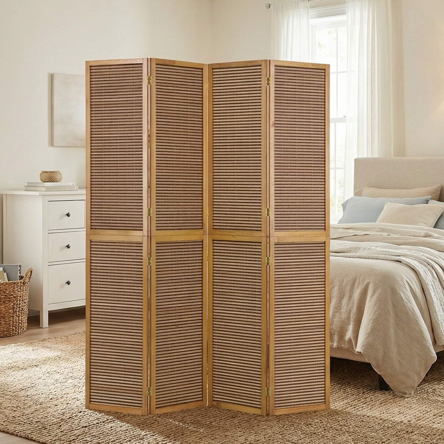 4-panel Brown Screen, 200 cm – Wooden Room Divider & Privacy Screen with Slats