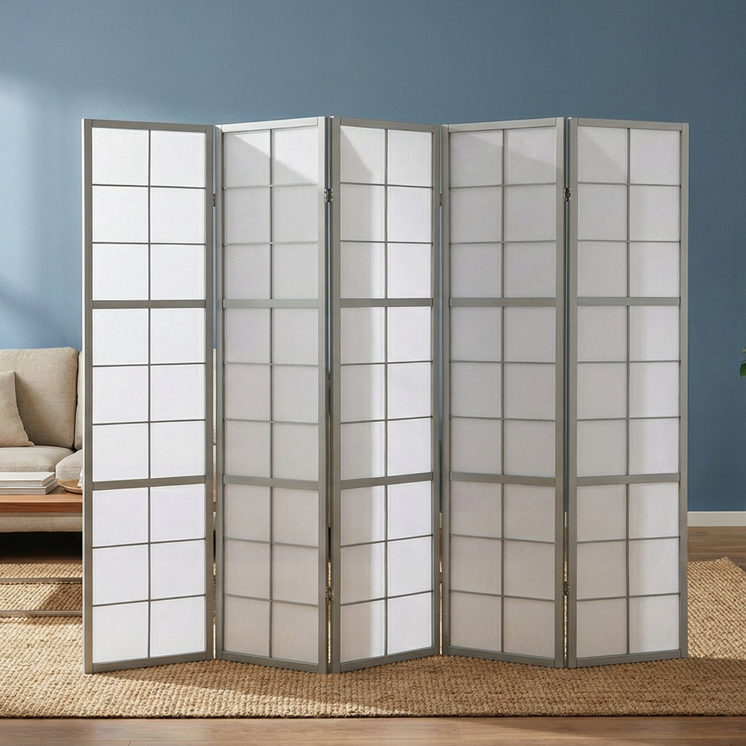 Paravent Grey Shoji | 5-panel | Wood | Room Divider | Partition Privacy Screen
