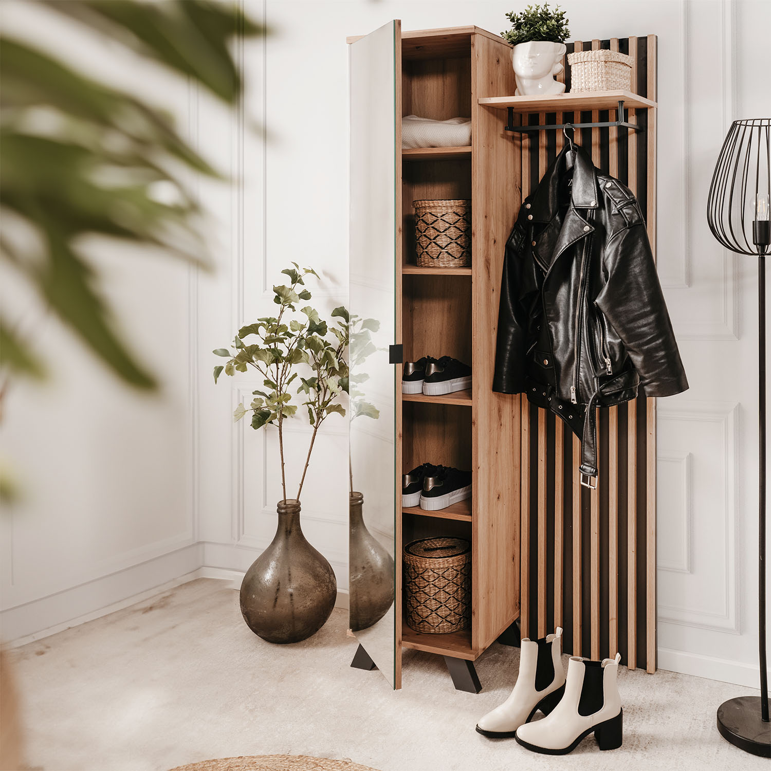 Industrial Look Wardrobe Hallway with Mirror Furniture Hall Unit Hallway Wardrobe Oak Wood 3D Wall Panel Entryway Coat Rack