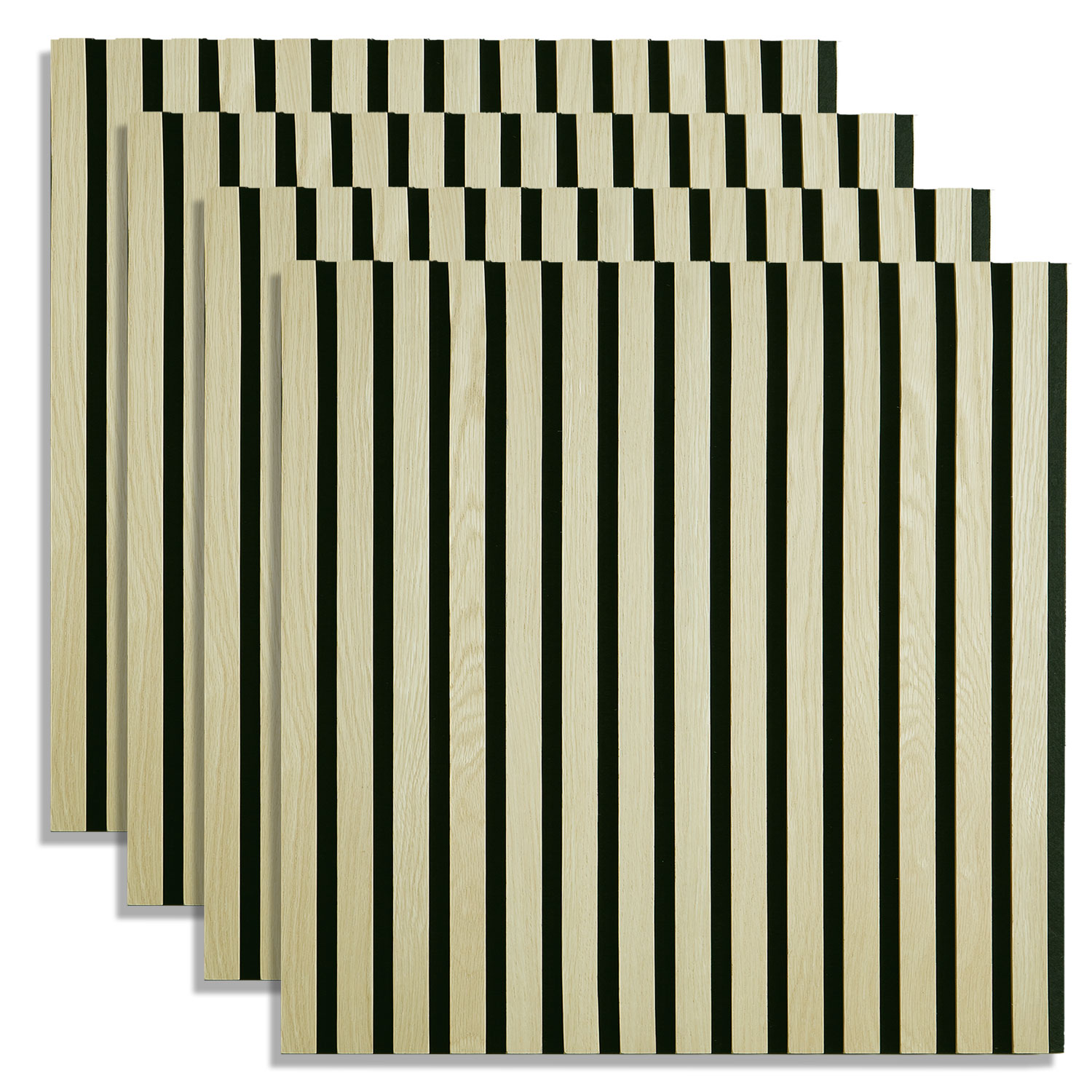 Akustikpaneele in Creme mit Holzelementen. Die vertikalen Paneele verlaufen hinter einem dunklen Konsolentisch an der Wand. Zwei gerahmte Linienzeichnungen und eine dunkle Vase mit Zweigen ergänzen die Einrichtung.