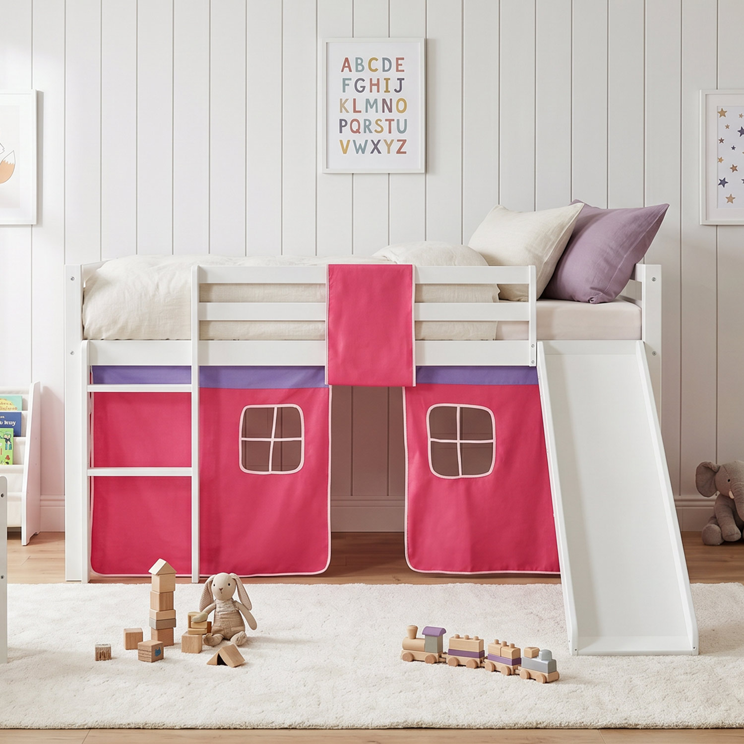 Children's Loft Bed 90x200 cm White with Pink Curtain | Slide | Includes Slatted Base | Includes Mattress