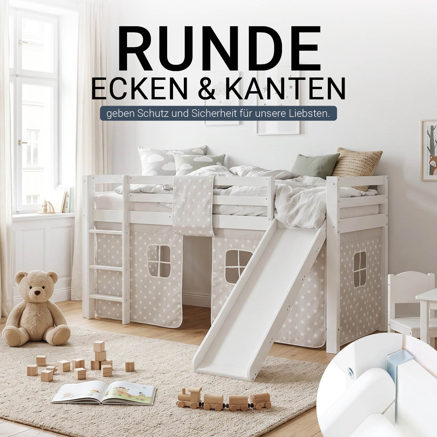 Children's Loft Bed 90x200 cm White with Star Curtain | Slide | With Slatted Base | With Mattress