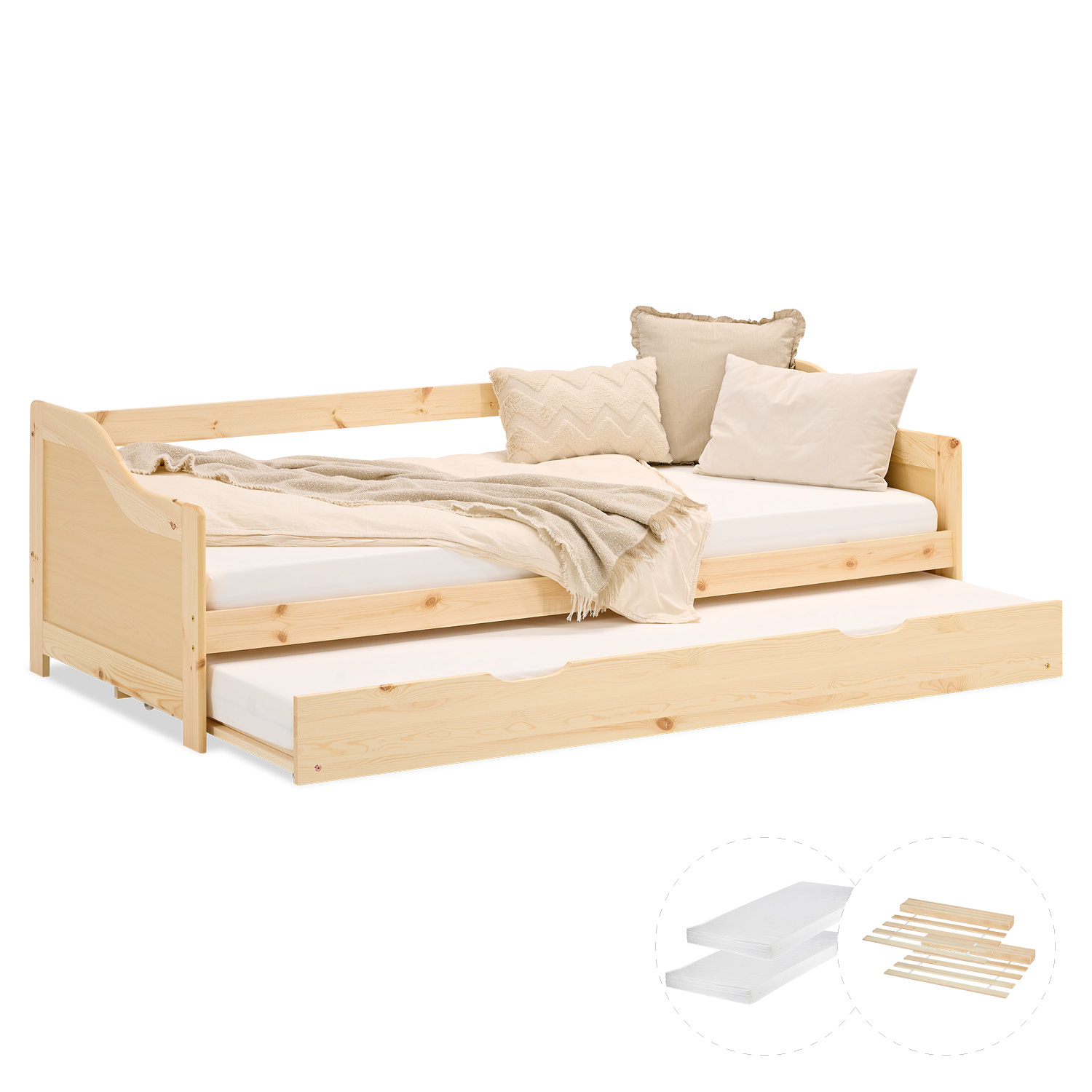 Wood Bed 90x200 cm Natural | Extendable | Cabin Bed | with Mattress | Kids Youth Guest Bedroom