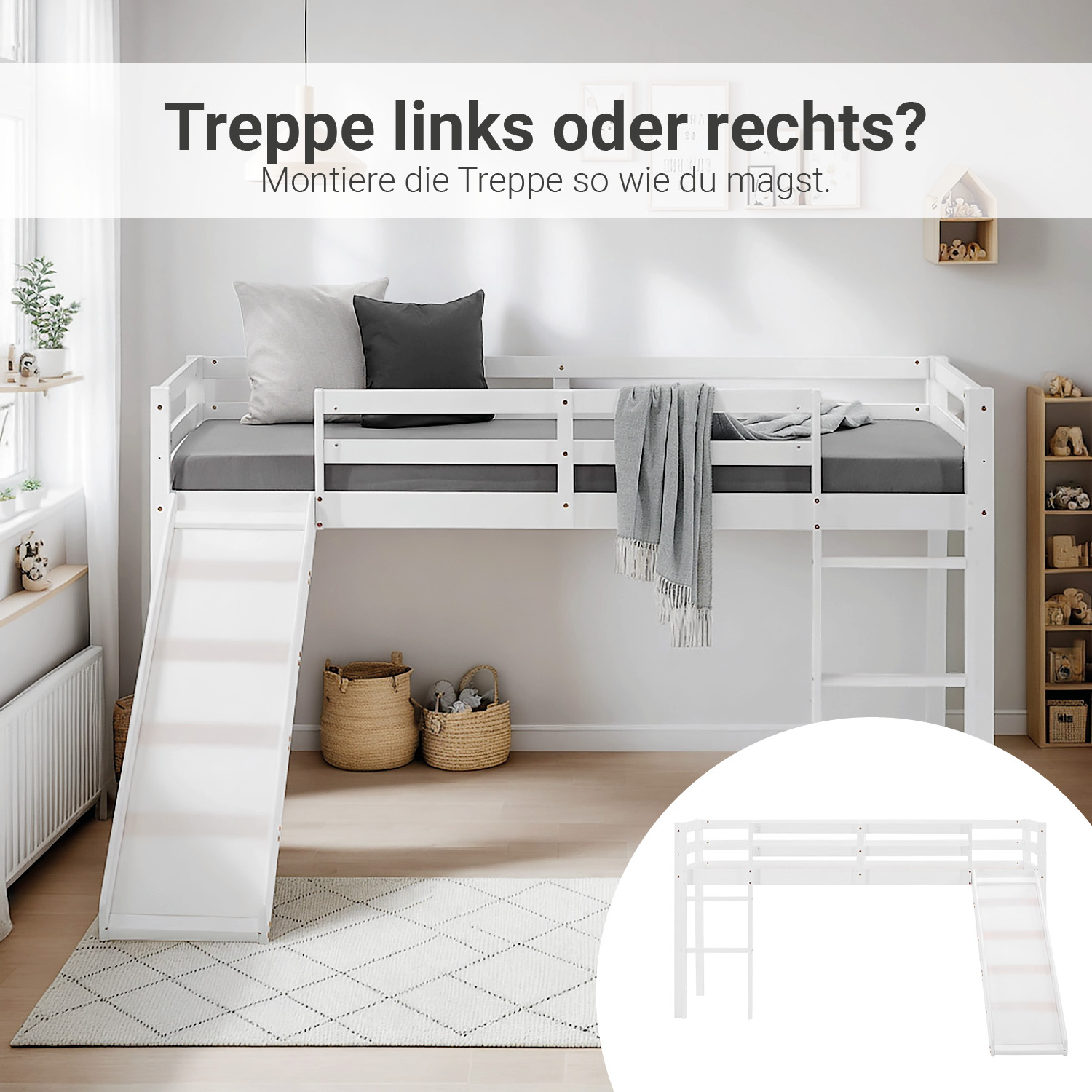 Loft Bed with Mattress Slatted Frame Slide 90x200 cm Children's Bed Bunk Bed White Play Bed