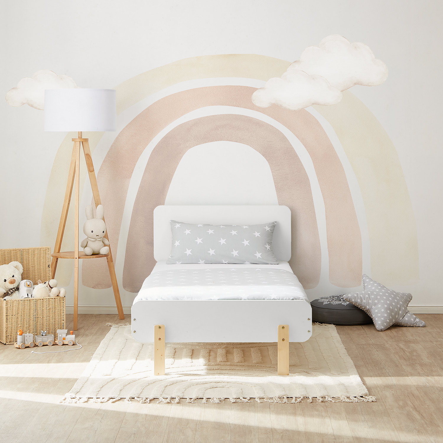 Wooden Bed 90x200 cm Natural White – Retro Single Bed with Slatted Base for Children's, Teenagers' & Guest Rooms