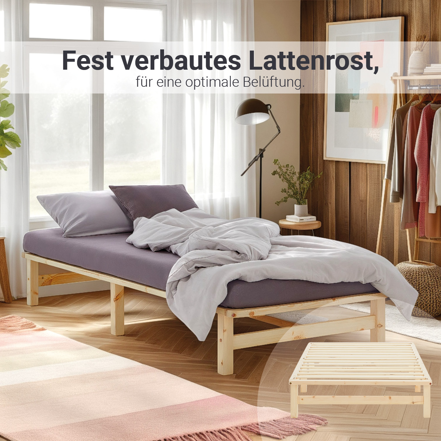 Pallet Bed 90x200 cm Natural | Single Bed with Slatted Frame | with Mattress | Wood | Kids Youth Guest Bedroom