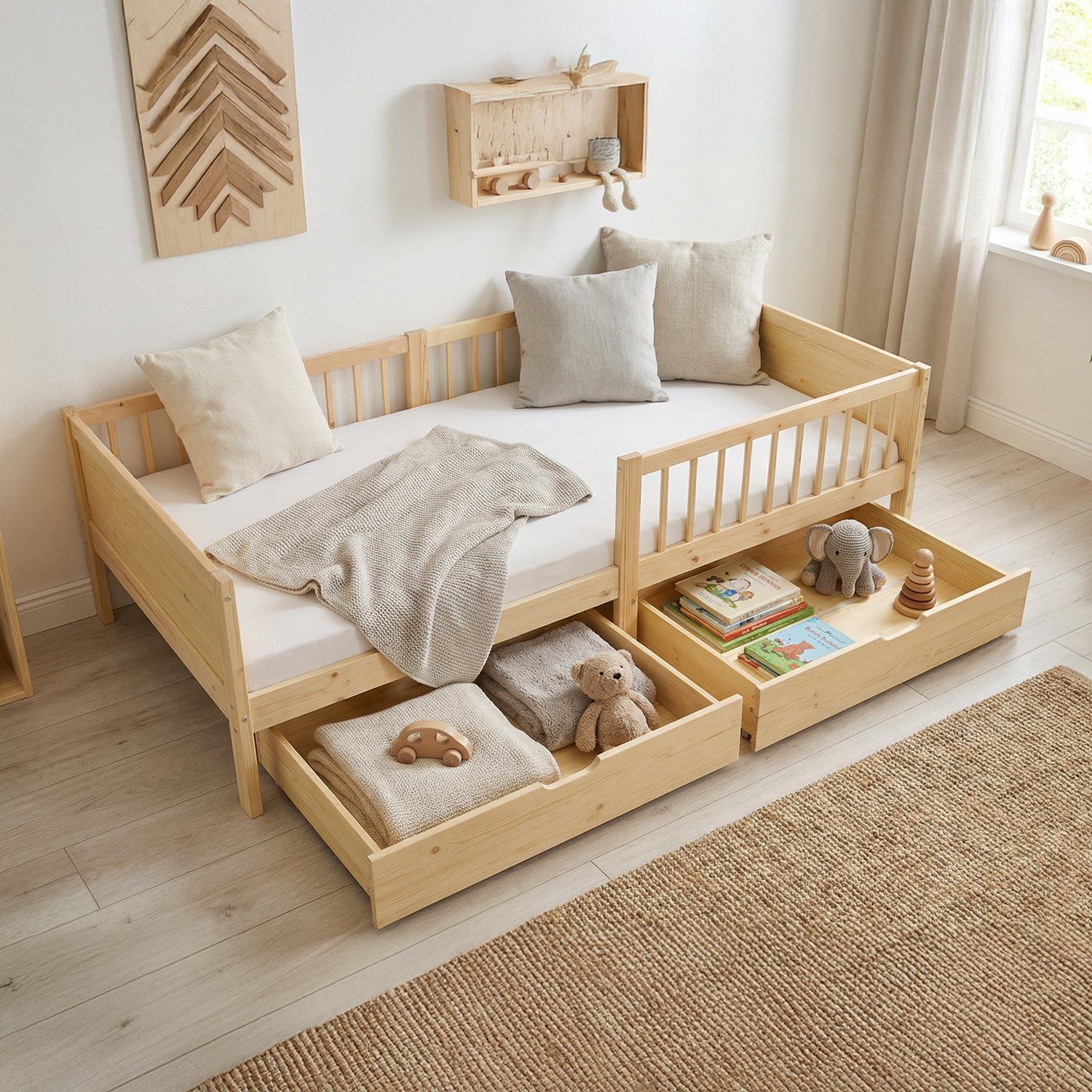Kinderbett Holz mit Rausfallschutz & Schubladen 90x200