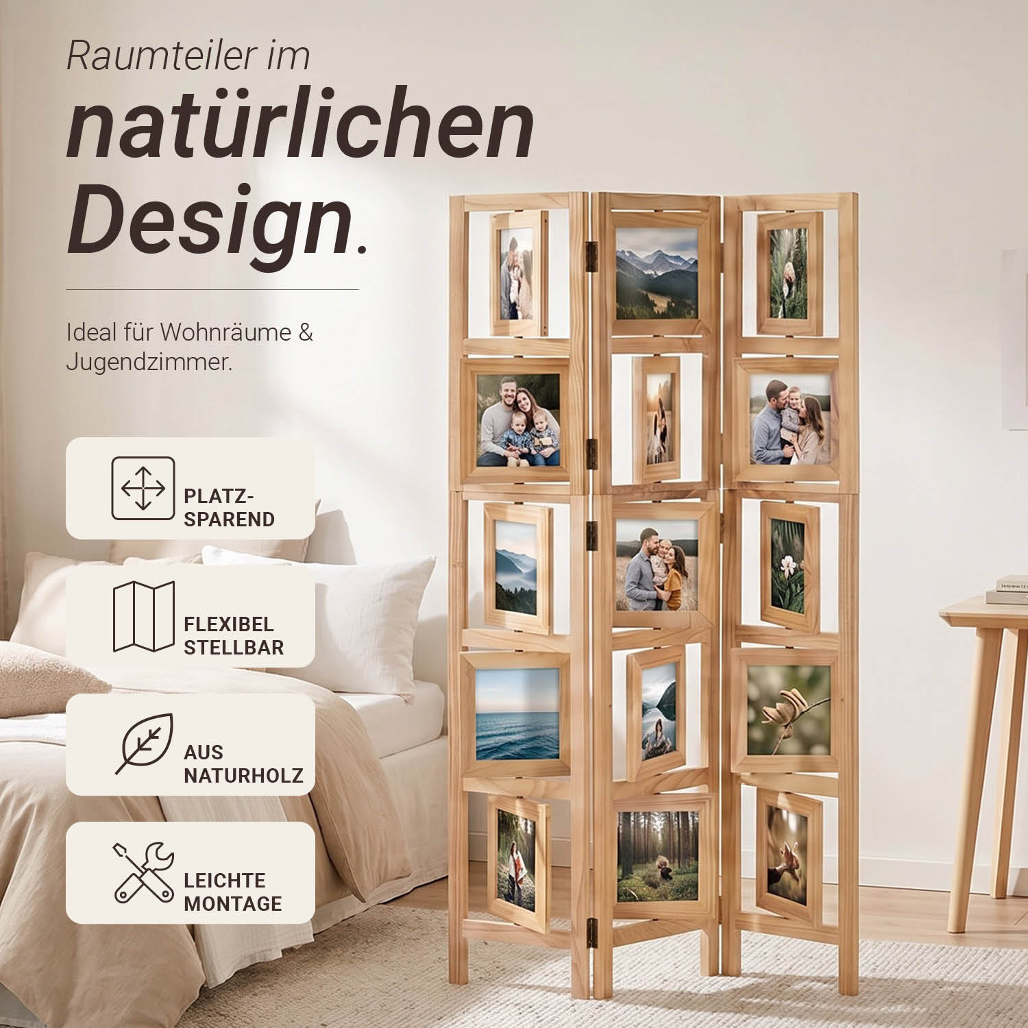 3-Panel "Nature" Folding Screen with Photos – Wooden Room Divider as a Photo Display