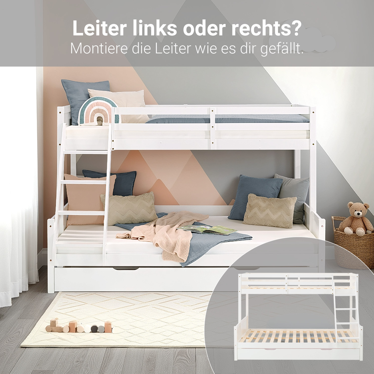 Bunk Bed with 2 Mattresses Kids Bed 90x200 and 140x200 cm White Wood Cabin Bed High Sleeper Bed Loft Bed Childrens Bed Twin Bed Drawer