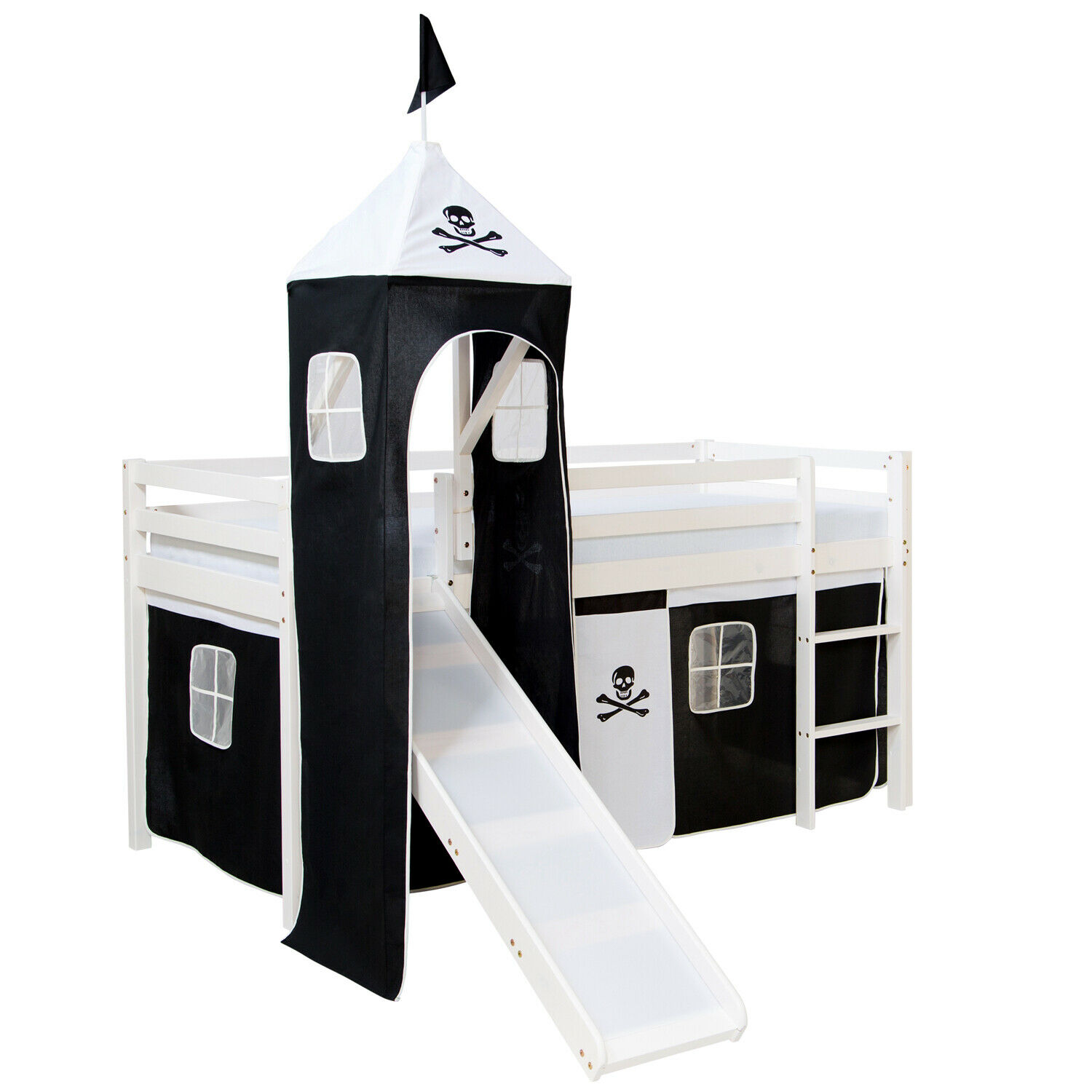 Loftbed Childrenbed Slide Tower Solid Pine Curtain Black Pirate 90x200