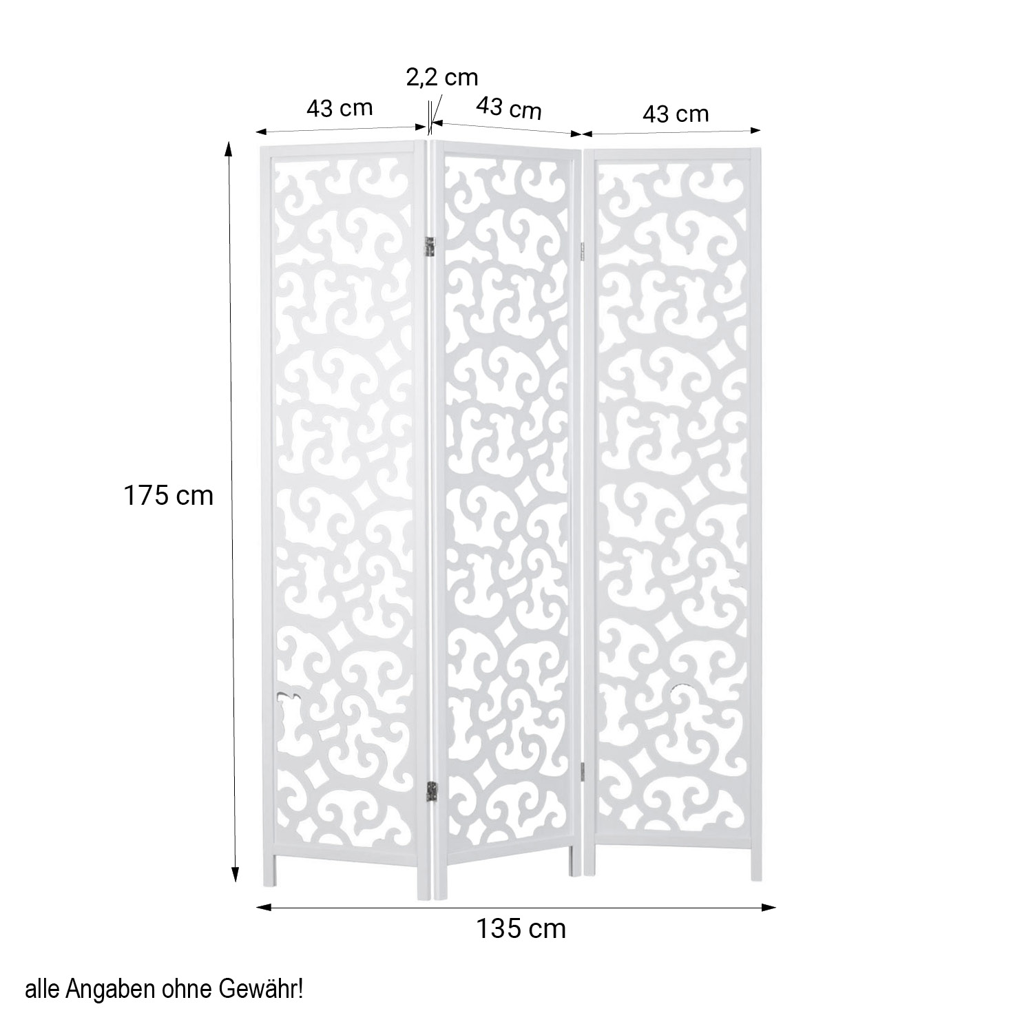 Paravent White with Decorations | 3-panel | Wood | Room Divider Partition Privacy Screen