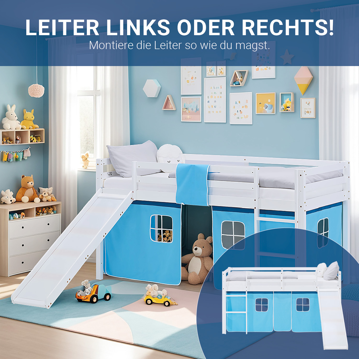 Loft Bed for Kids 90x200 cm White with Curtain in Blue | Slide | with Slatted Frame and Mattress