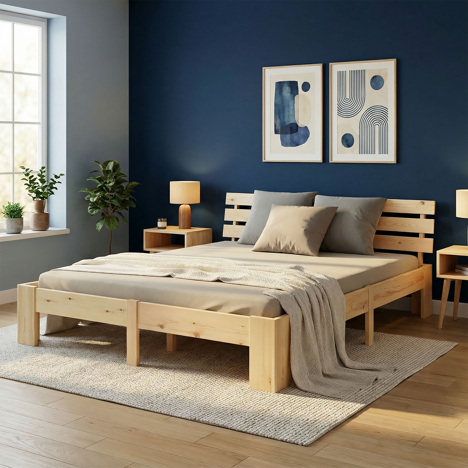 Wood Bed 180x200 cm Natural | Double Bed | with Slatted Frame | Solid | Kids Youth Guest Bedroom