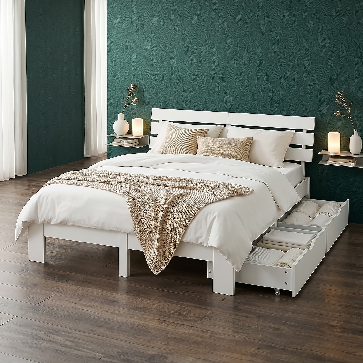 Wood Bed 180x200 cm White | Double Bed with Storage 2 Drawers | with Mattress | Solid | Youth Guest Bedroom