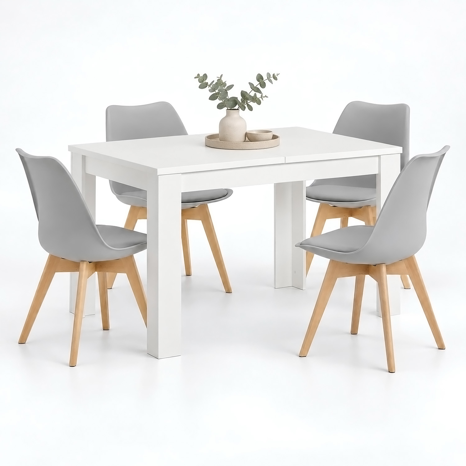 Dining Set (5-Piece): 120x80 cm white extendable dining table with 4 grey plastic chairs and wooden legs